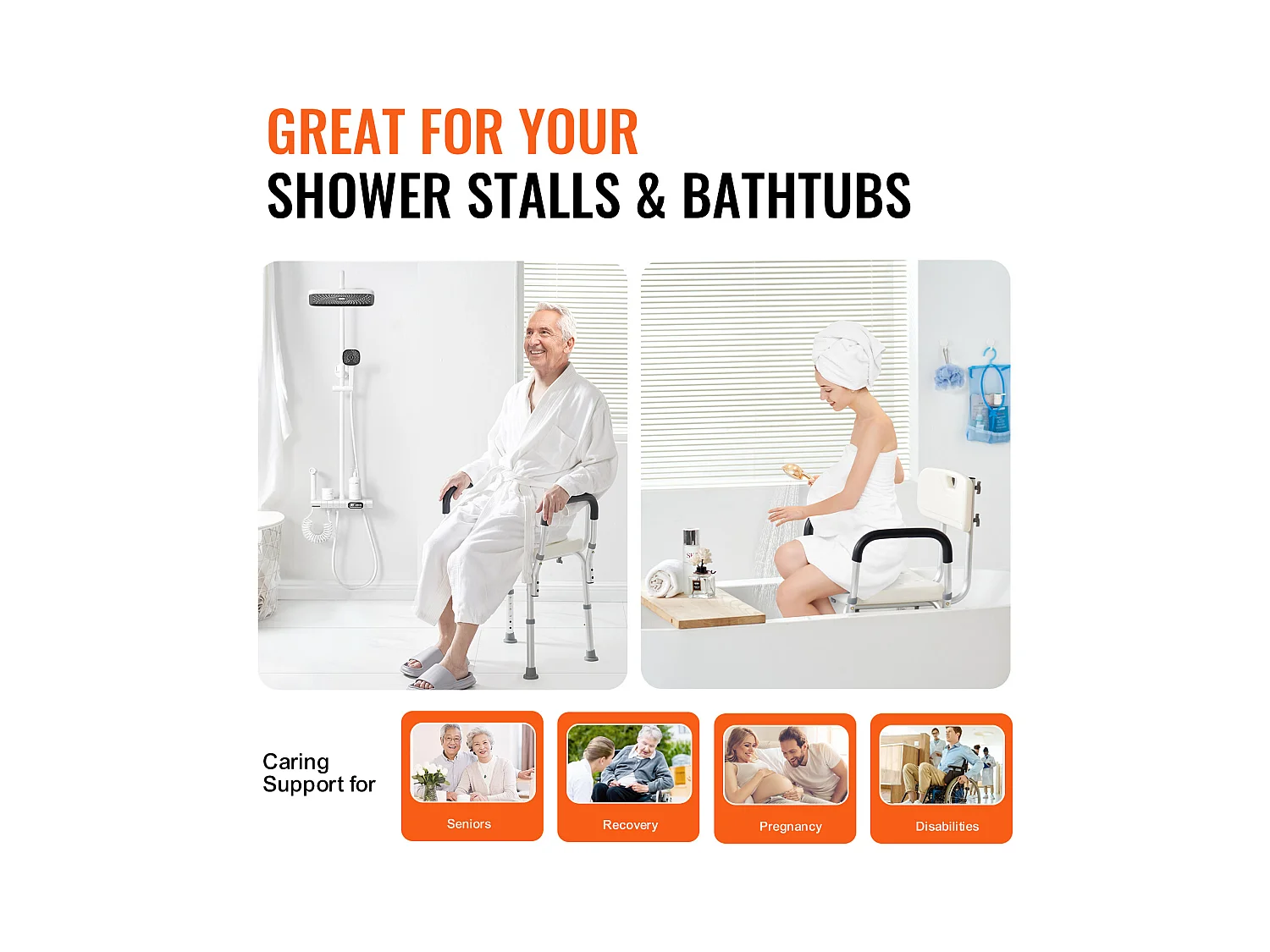 Chaise de Douche SucceBuy avec Dossier et Accoudoirs, Banc de Bain à Hauteur Réglable, Capacité de 350 lb