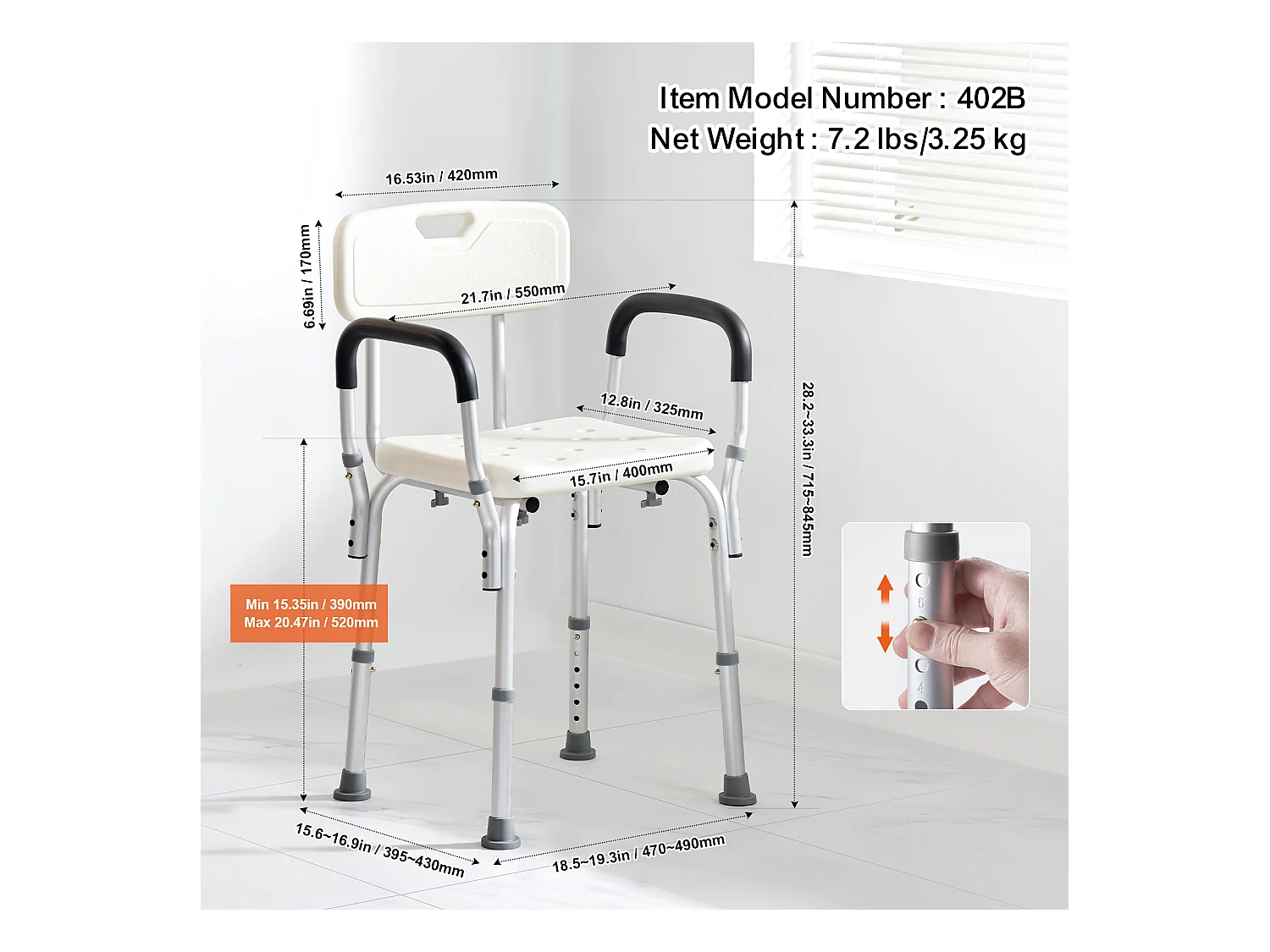 Chaise de Douche SucceBuy avec Dossier et Accoudoirs, Banc de Bain à Hauteur Réglable, Capacité de 350 lb