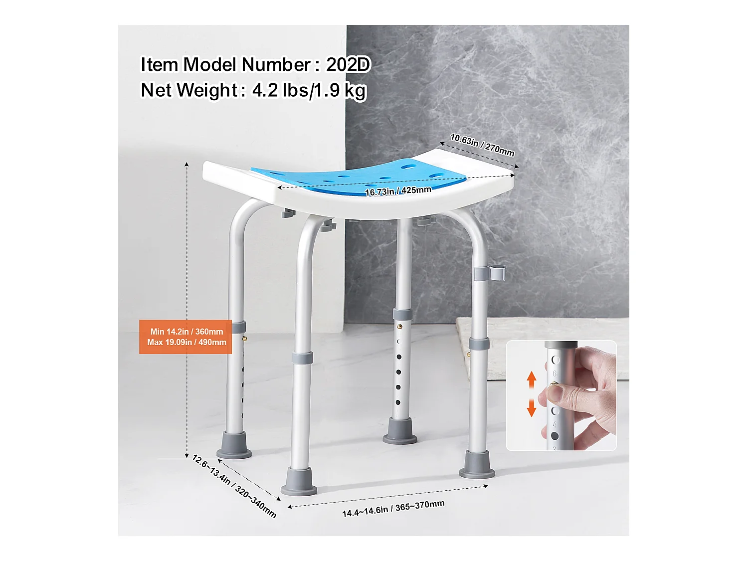 Chaise de Douche SucceBuy  Chaise de Douche Réglable, Tabouret de Bain Rembourré, Capacité de 350 lb