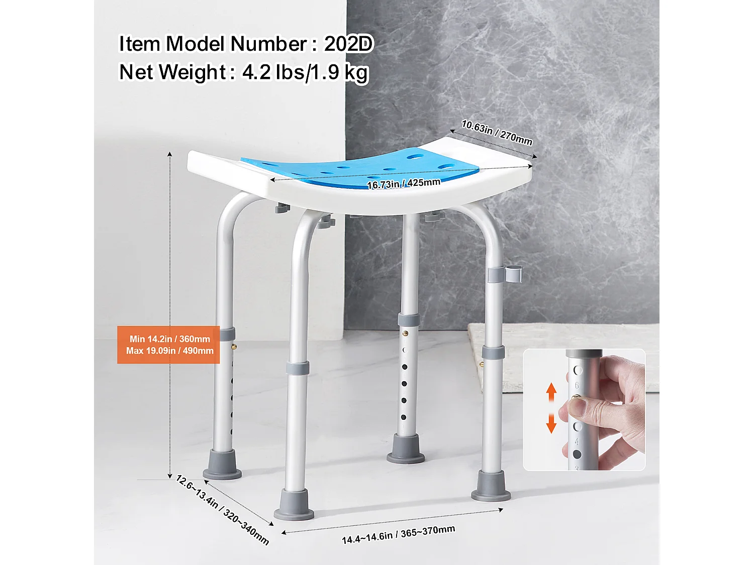 Chaise de Douche SucceBuy  Chaise de Douche Réglable, Tabouret de Bain Rembourré, Capacité de 350 lb