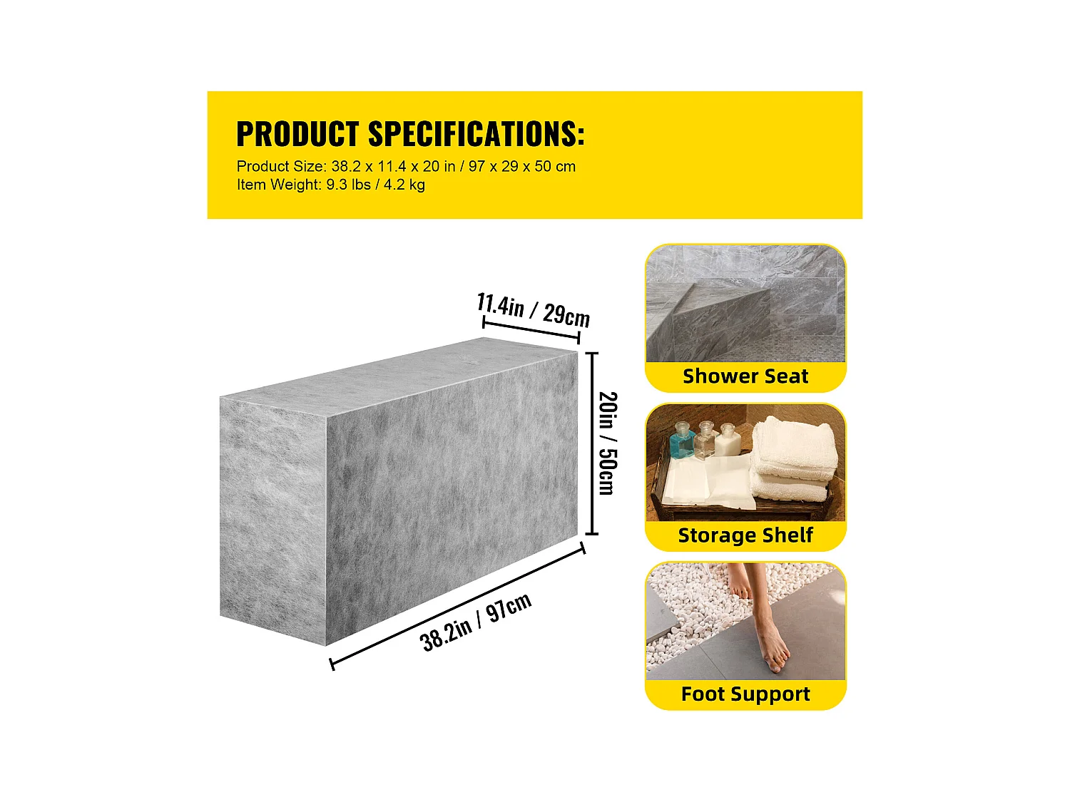 Tabouret de Douche, SucceBuy Banc de Douche Rectangulaire, Prêt à Carreler et Imperméable, 97x29x50 CM