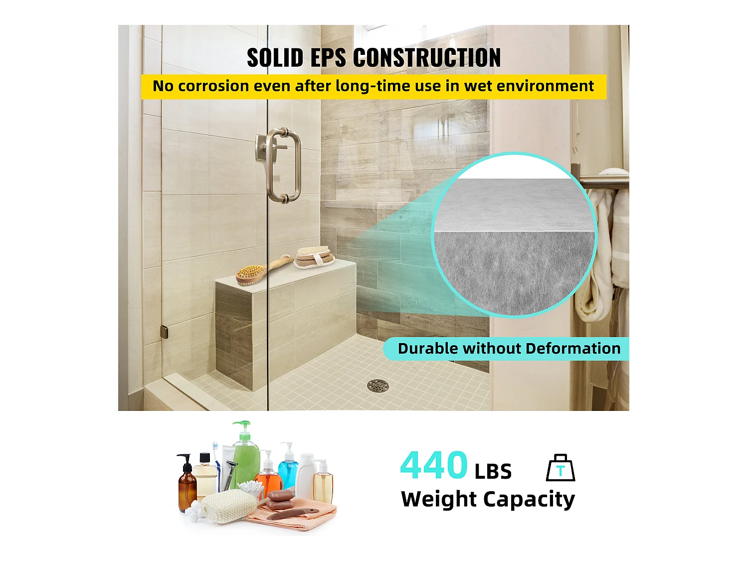 Tabouret de Douche, SucceBuy Banc de Douche Rectangulaire, Prêt à Carreler et Imperméable, 97x29x50 CM