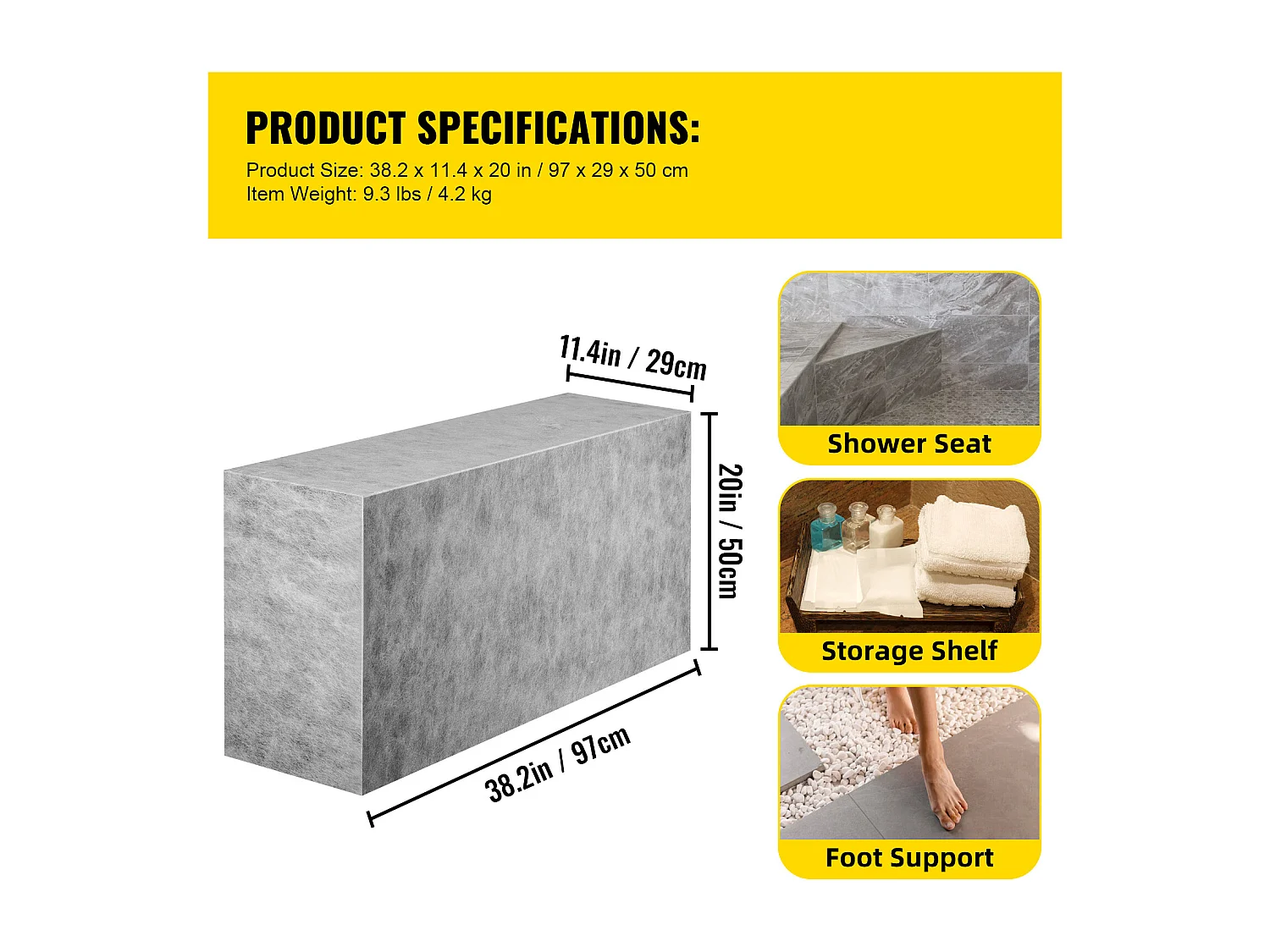 Tabouret de Douche, SucceBuy Banc de Douche Rectangulaire, Prêt à Carreler et Imperméable, 97x29x50 CM