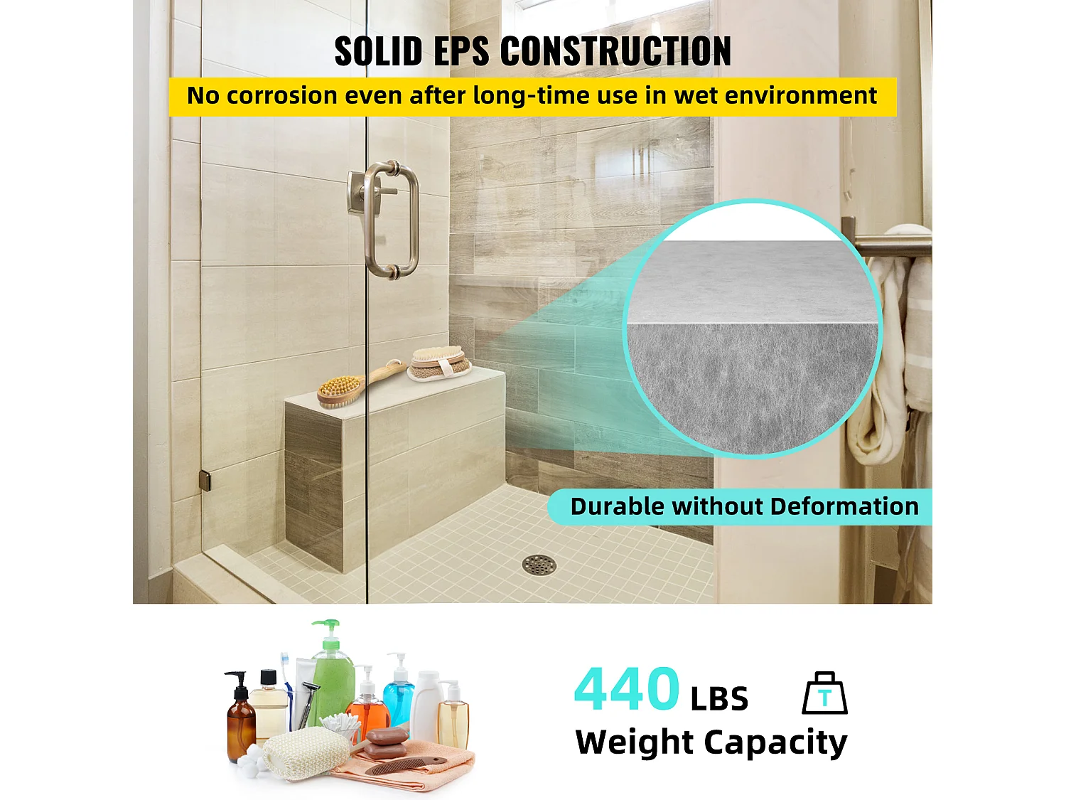 Tabouret de Douche, SucceBuy Banc de Douche Rectangulaire, Prêt à Carreler et Imperméable, 97x29x50 CM