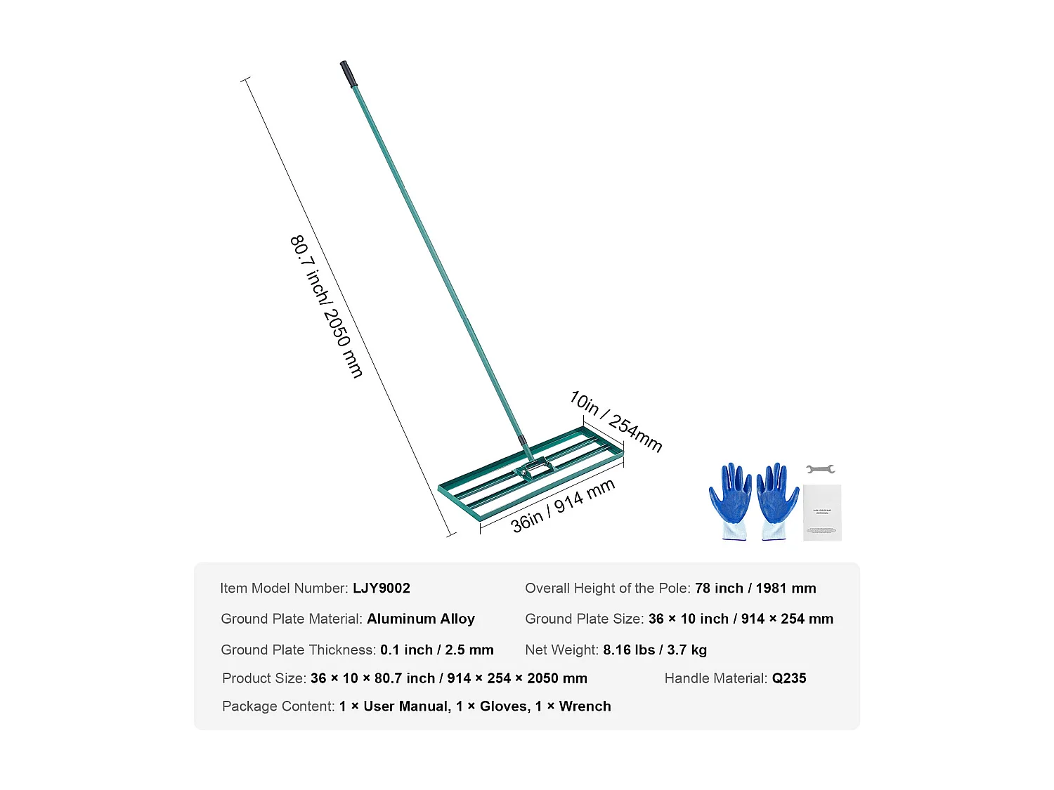 Râteau de Nivellement de Pelouse SucceBuy 91.4 cm x 25.4cm Outil de Jardin avec Manche Allongé en Acier de 198.1cm pour Jardins