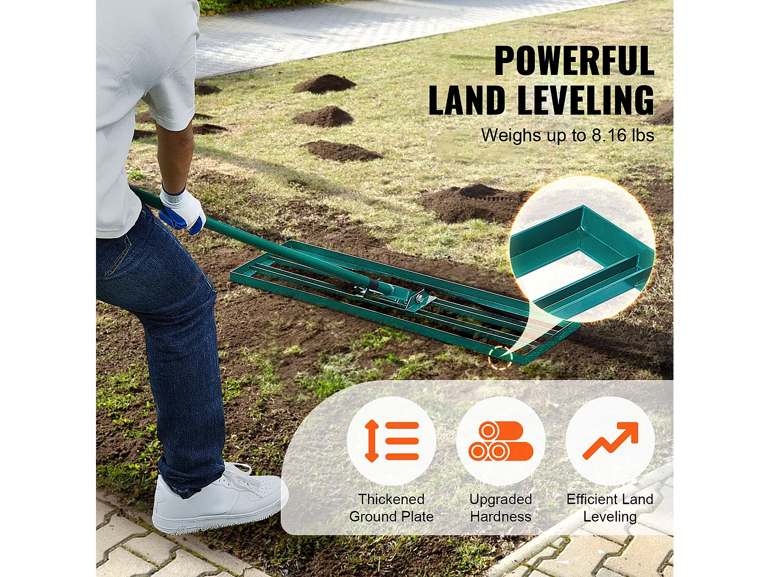 Râteau de Nivellement de Pelouse SucceBuy 91.4 cm x 25.4cm Outil de Jardin avec Manche Allongé en Acier de 198.1cm pour Jardins