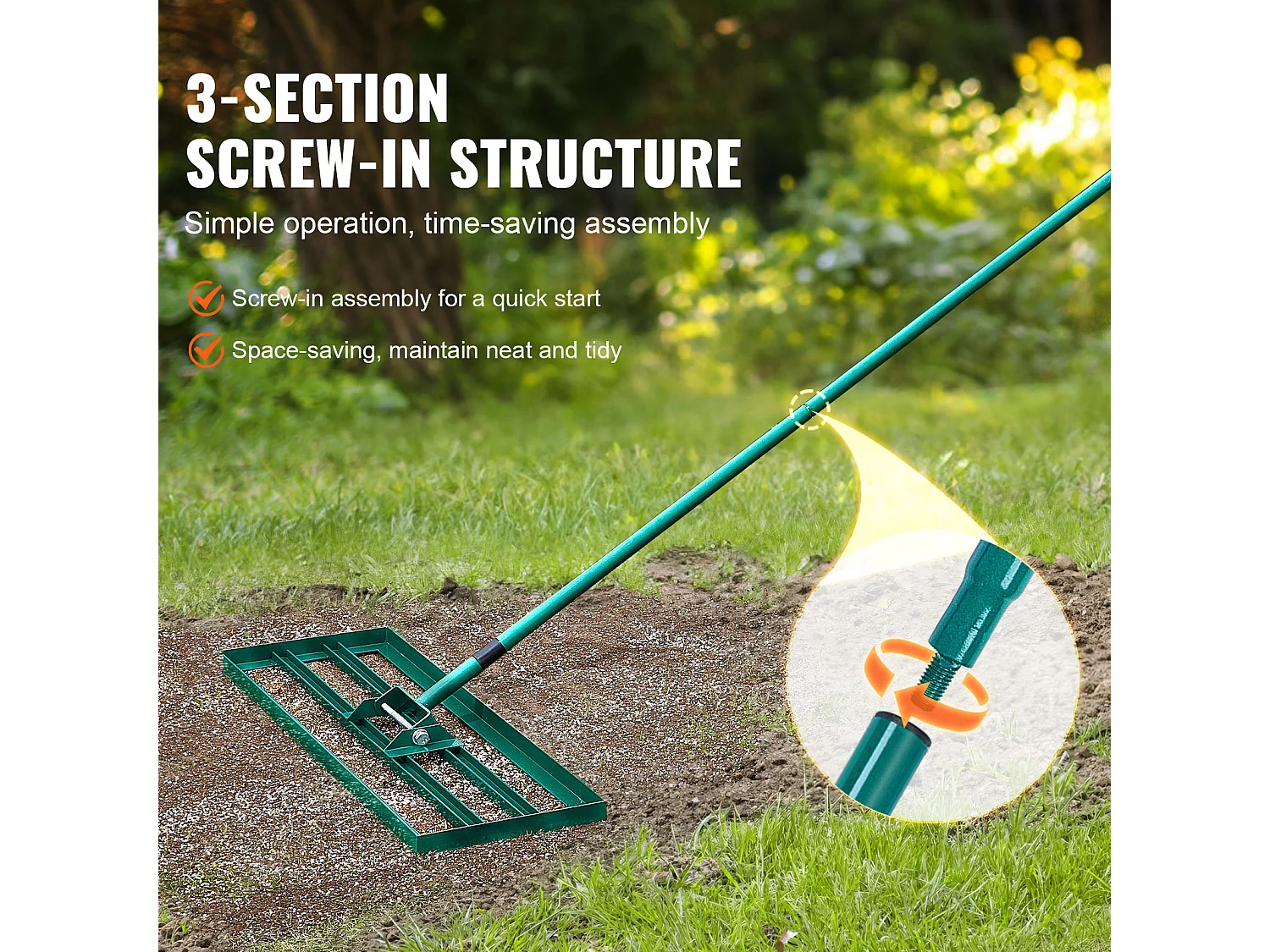 Râteau de Nivellement de Pelouse SucceBuy 91.4 cm x 25.4cm Outil de Jardin avec Manche Allongé en Acier de 198.1cm pour Jardins