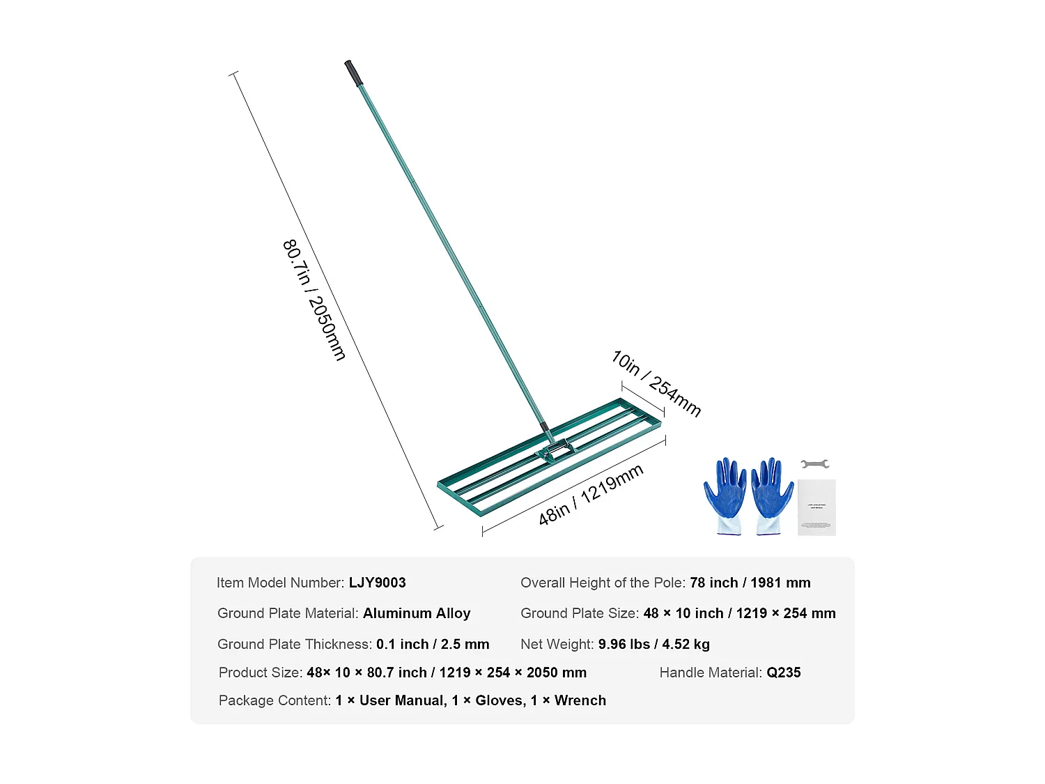 Râteau de Nivellement de Pelouse SucceBuy 121.9 cm x 25.4 cm avec Manche en Acier 198.1 cm