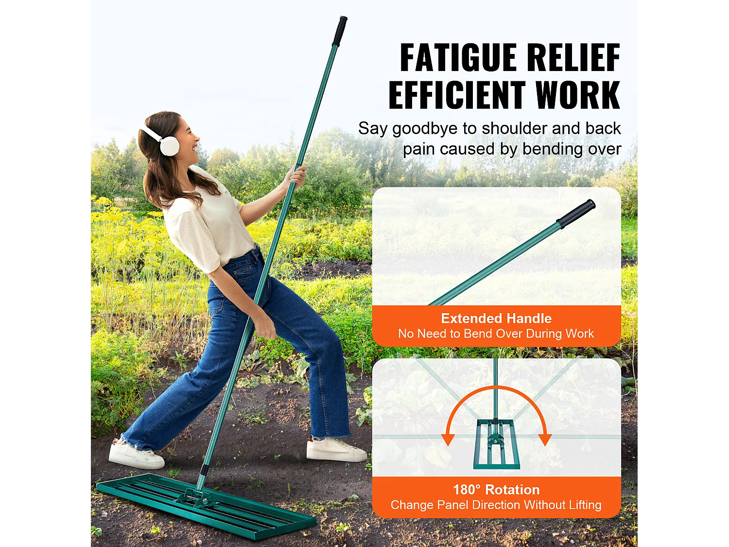 Râteau de Nivellement de Pelouse SucceBuy 121.9 cm x 25.4 cm avec Manche en Acier 198.1 cm