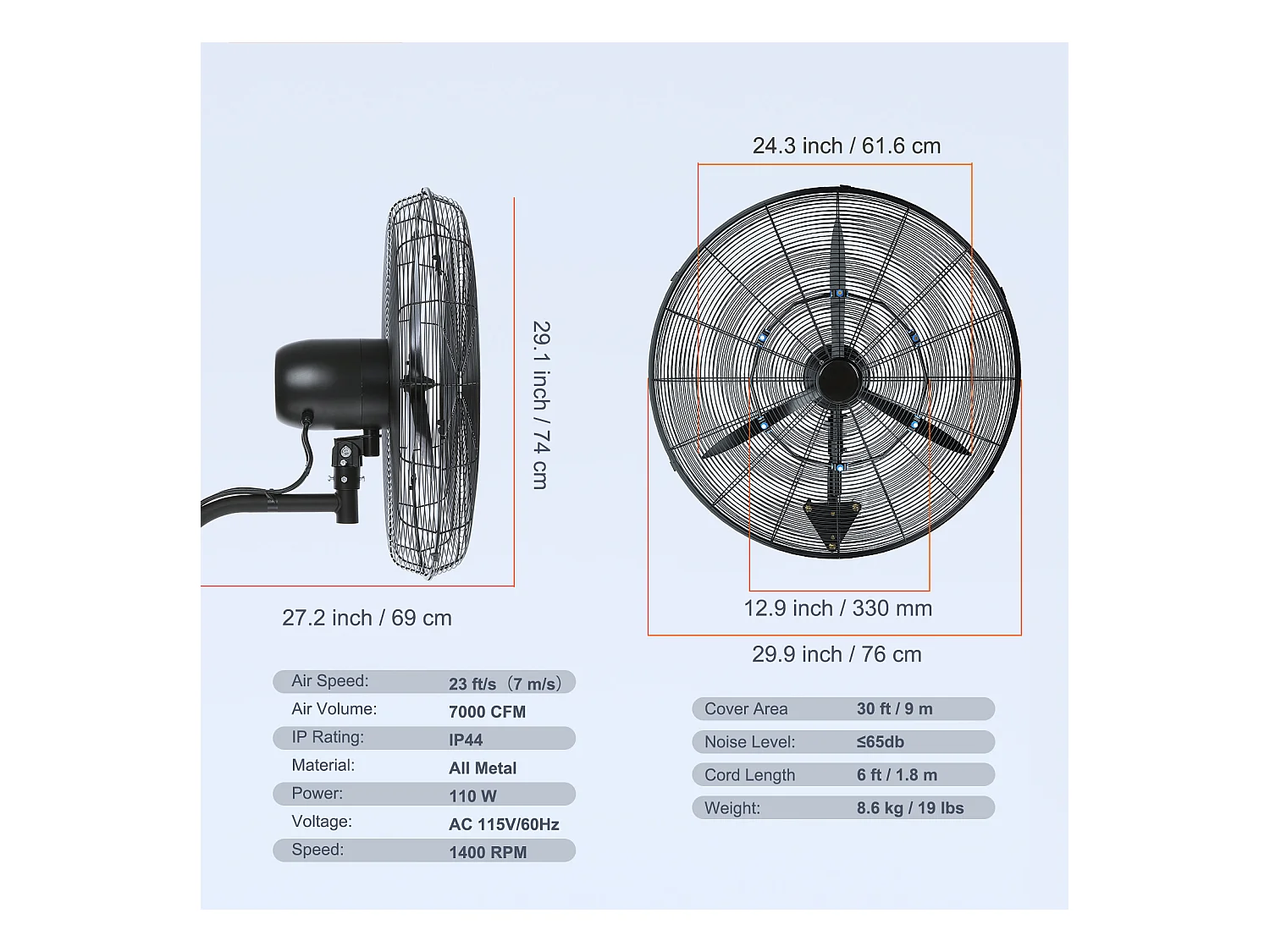 Ventilateur Brumisateur, SucceBuy Ventilateur à Brume Oscillante 60.96 CM 3 Vitesses 115 W en Métal