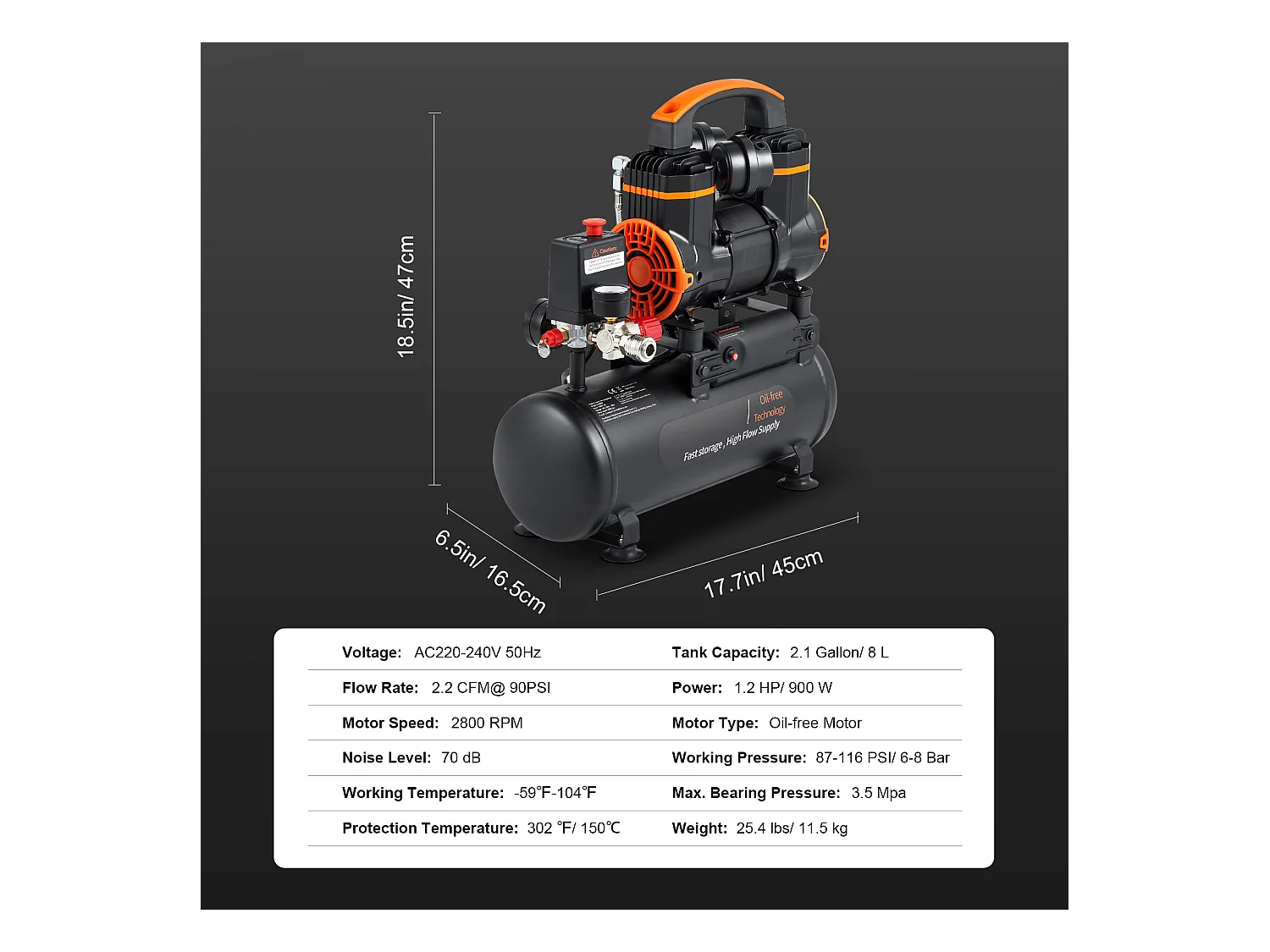 Compresseur D'air SucceBuy de 2,1 Gallons, 900 W, 2,2 CFM à 90 PSI, 70 dB Ultra Silencieux, Sans Huile