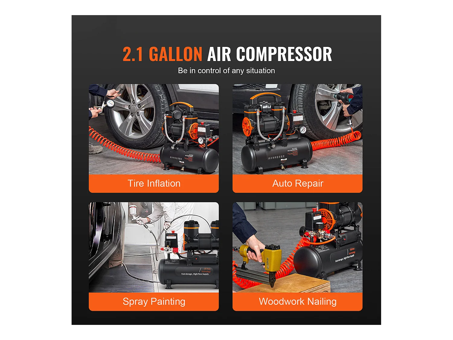 Compresseur D'air SucceBuy de 2,1 Gallons, 900 W, 2,2 CFM à 90 PSI, 70 dB Ultra Silencieux, Sans Huile
