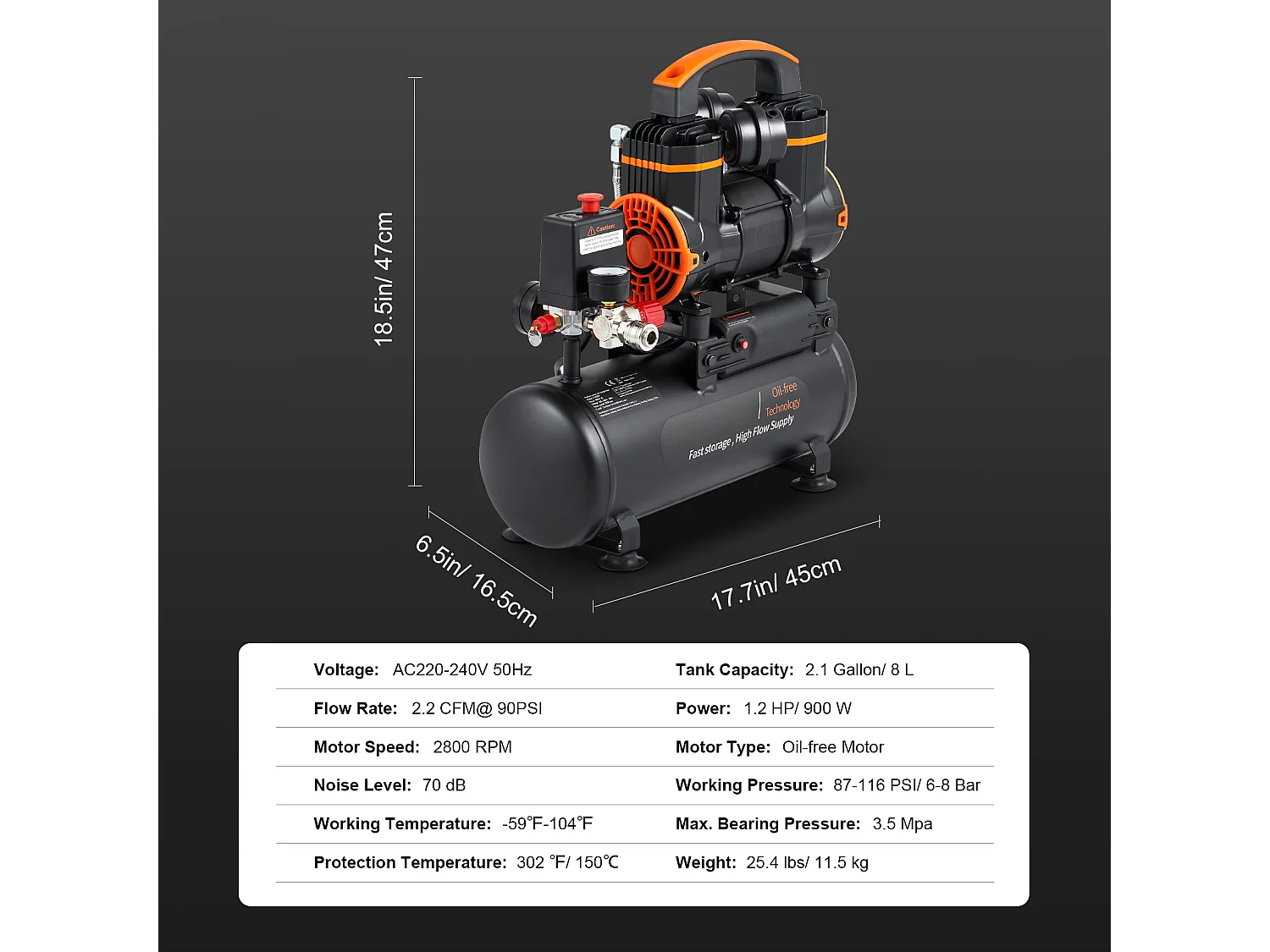 Compresseur D'air SucceBuy de 2,1 Gallons, 900 W, 2,2 CFM à 90 PSI, 70 dB Ultra Silencieux, Sans Huile