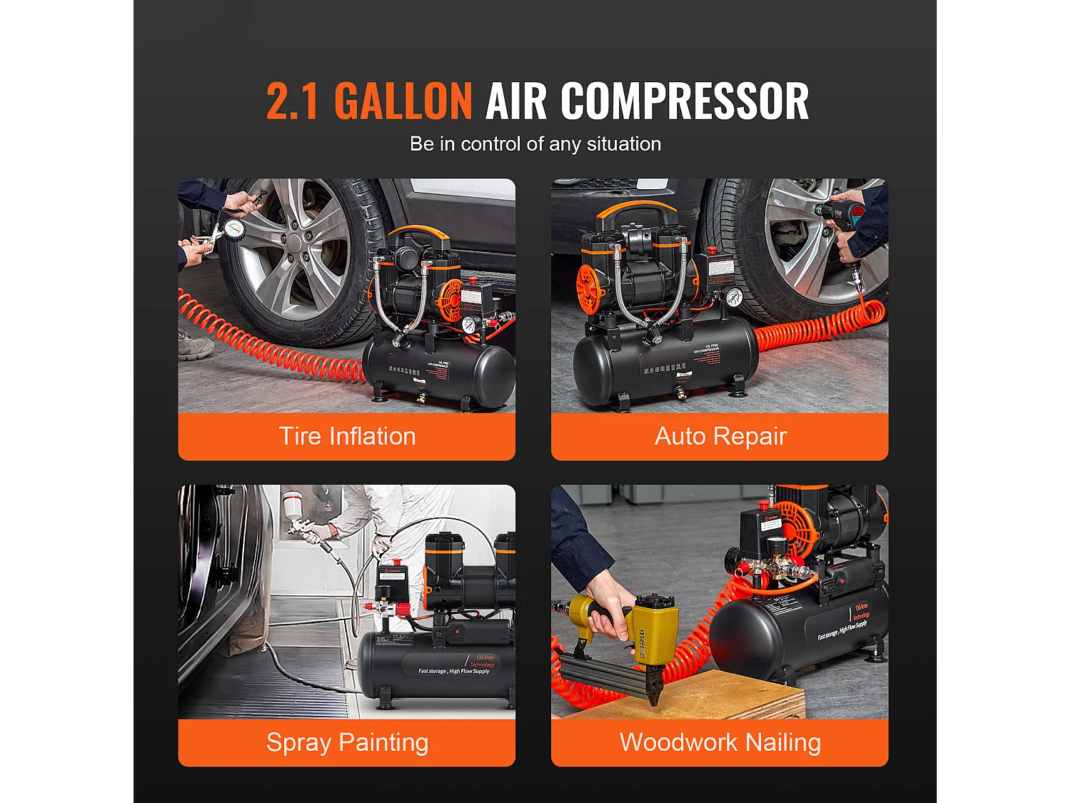 Compresseur D'air SucceBuy de 2,1 Gallons, 900 W, 2,2 CFM à 90 PSI, 70 dB Ultra Silencieux, Sans Huile