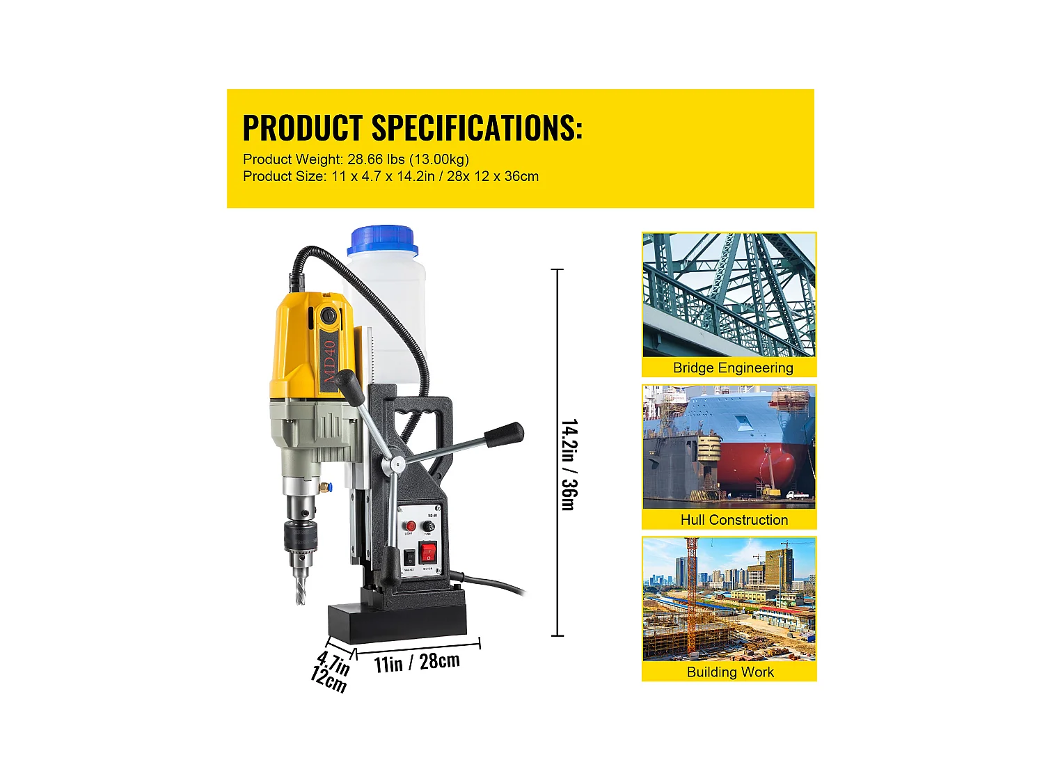 Mag Drill Press SucceBuy, 1100W, 3.98cm Max Diameter, Electric Magnetic Drill, 12 Bits