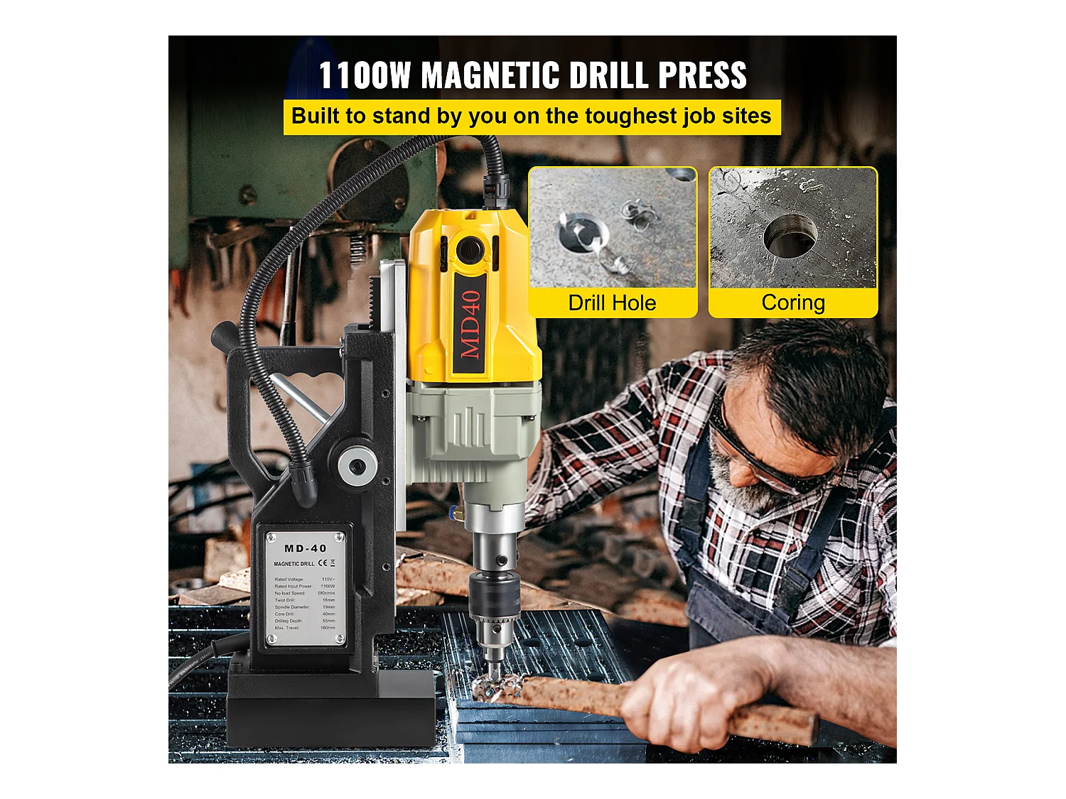 Mag Drill Press SucceBuy, 1100W, 3.98cm Max Diameter, Electric Magnetic Drill, 12 Bits