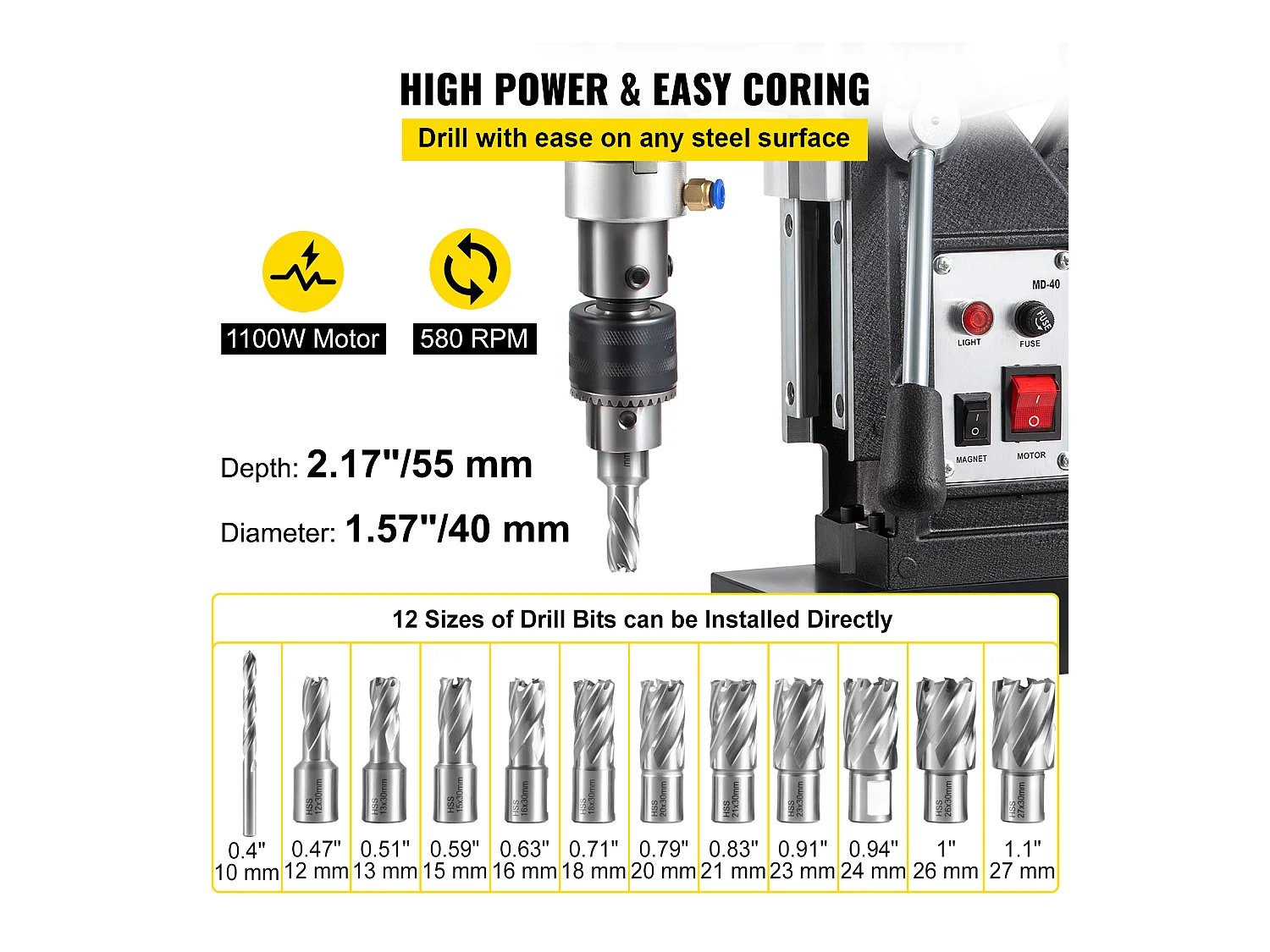 Mag Drill Press SucceBuy, 1100W, 3.98cm Max Diameter, Electric Magnetic Drill, 12 Bits