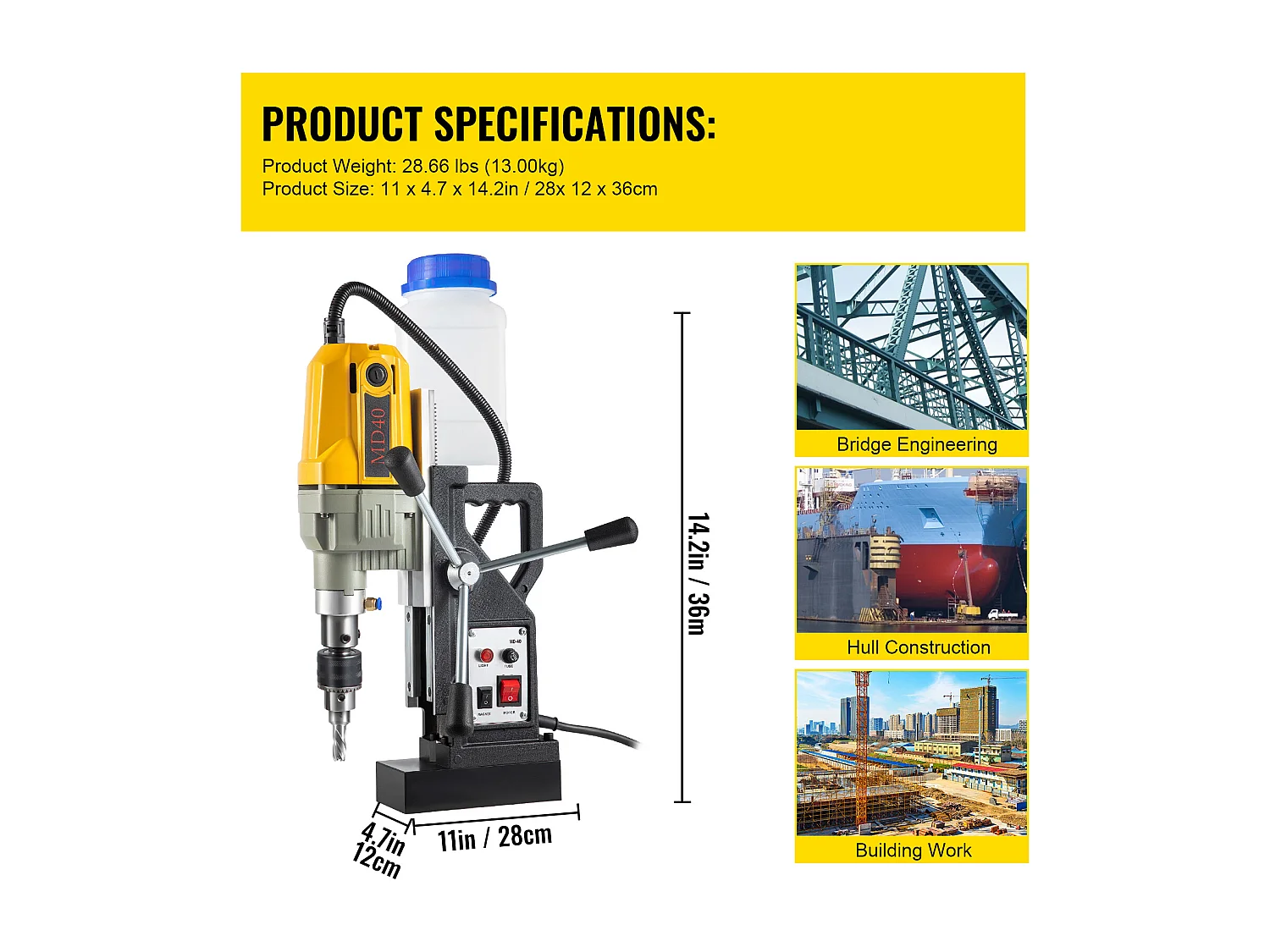 Mag Drill Press SucceBuy, 1100W, 3.98cm Max Diameter, Electric Magnetic Drill, 12 Bits