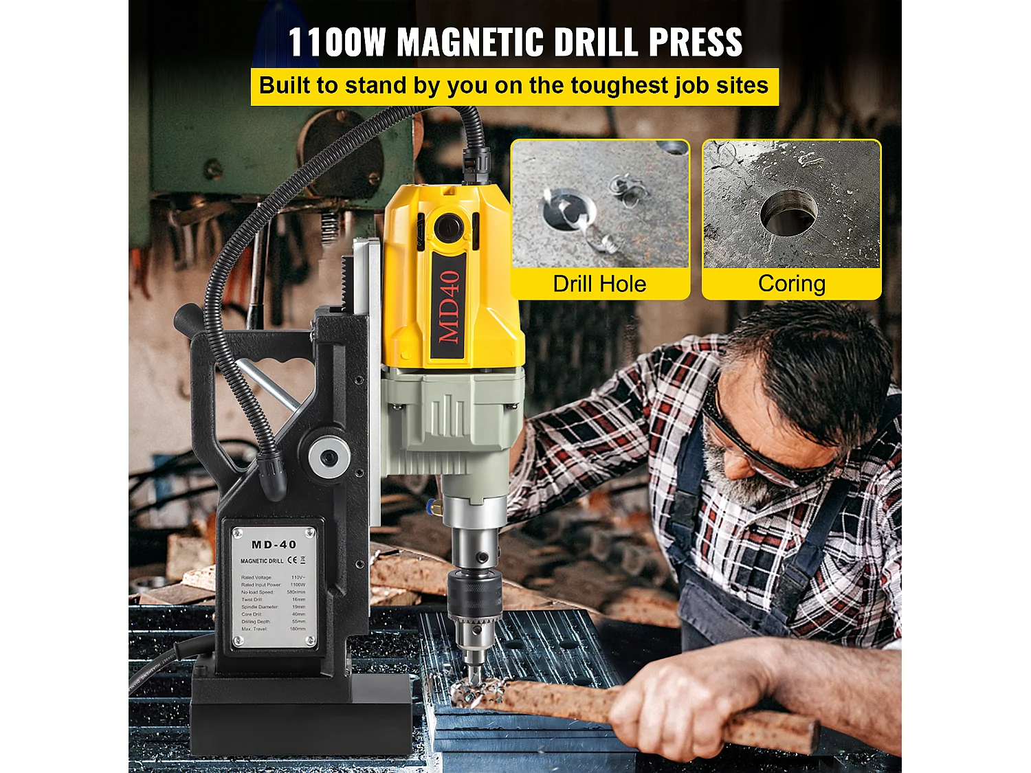Mag Drill Press SucceBuy, 1100W, 3.98cm Max Diameter, Electric Magnetic Drill, 12 Bits