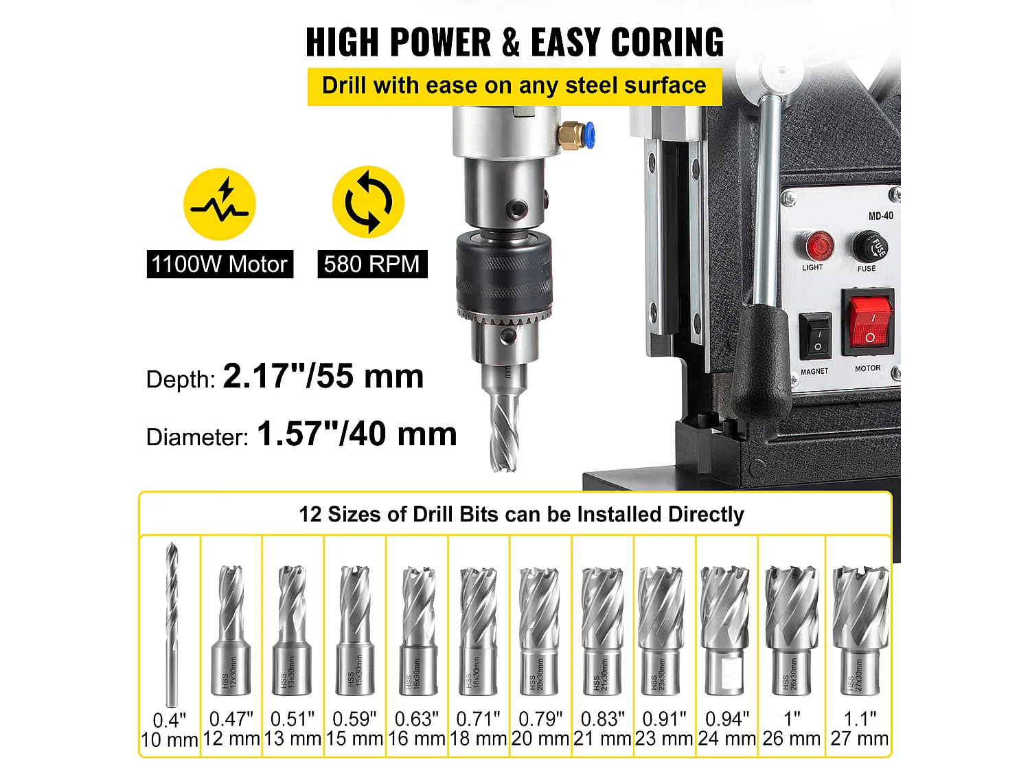 Mag Drill Press SucceBuy, 1100W, 3.98cm Max Diameter, Electric Magnetic Drill, 12 Bits