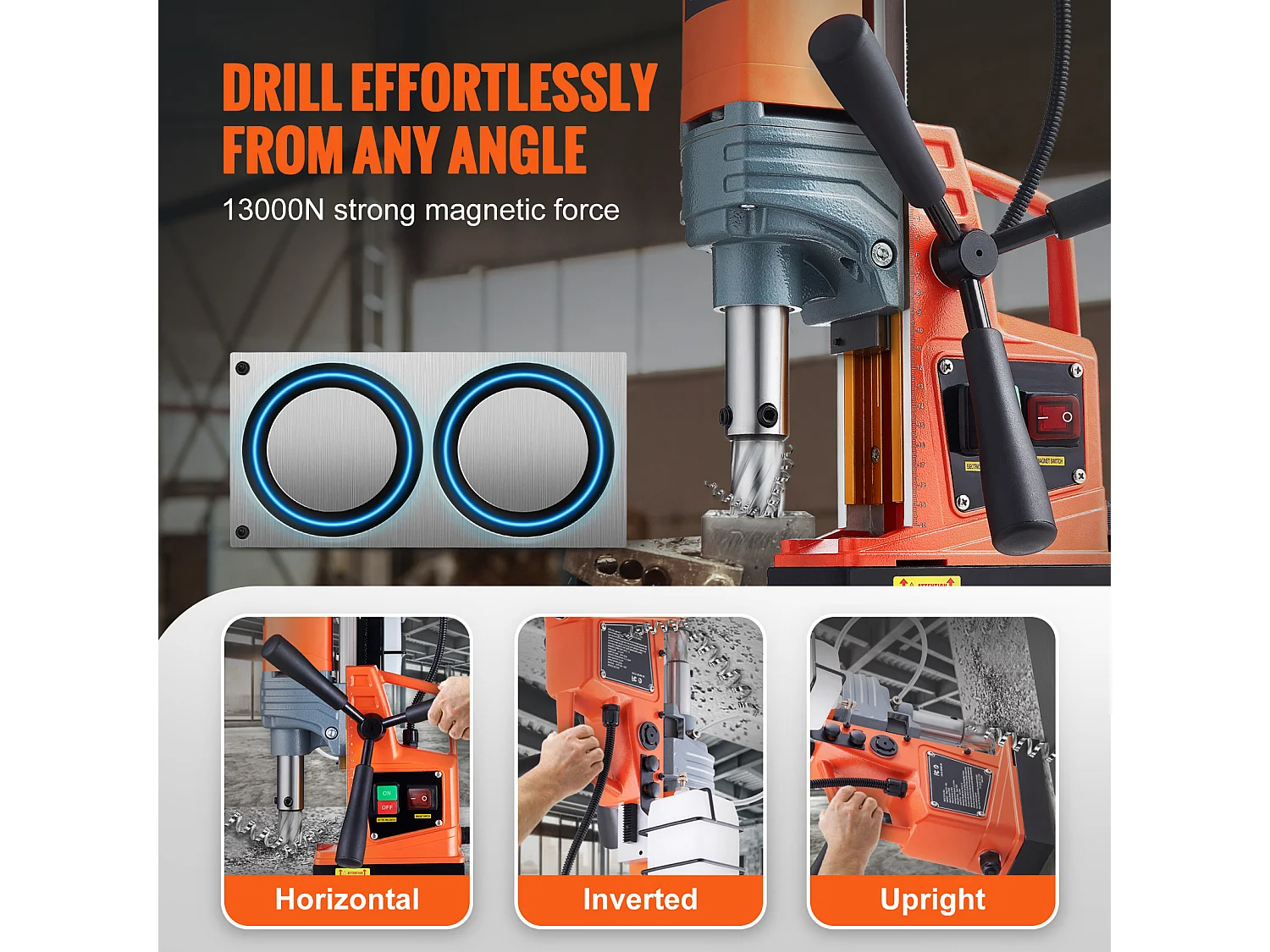 Wiertarka Magnetyczna 1300 W SucceBuy, 2922 lbf, 810 obr./min, Przenośna Wiertarka Magnetyczna