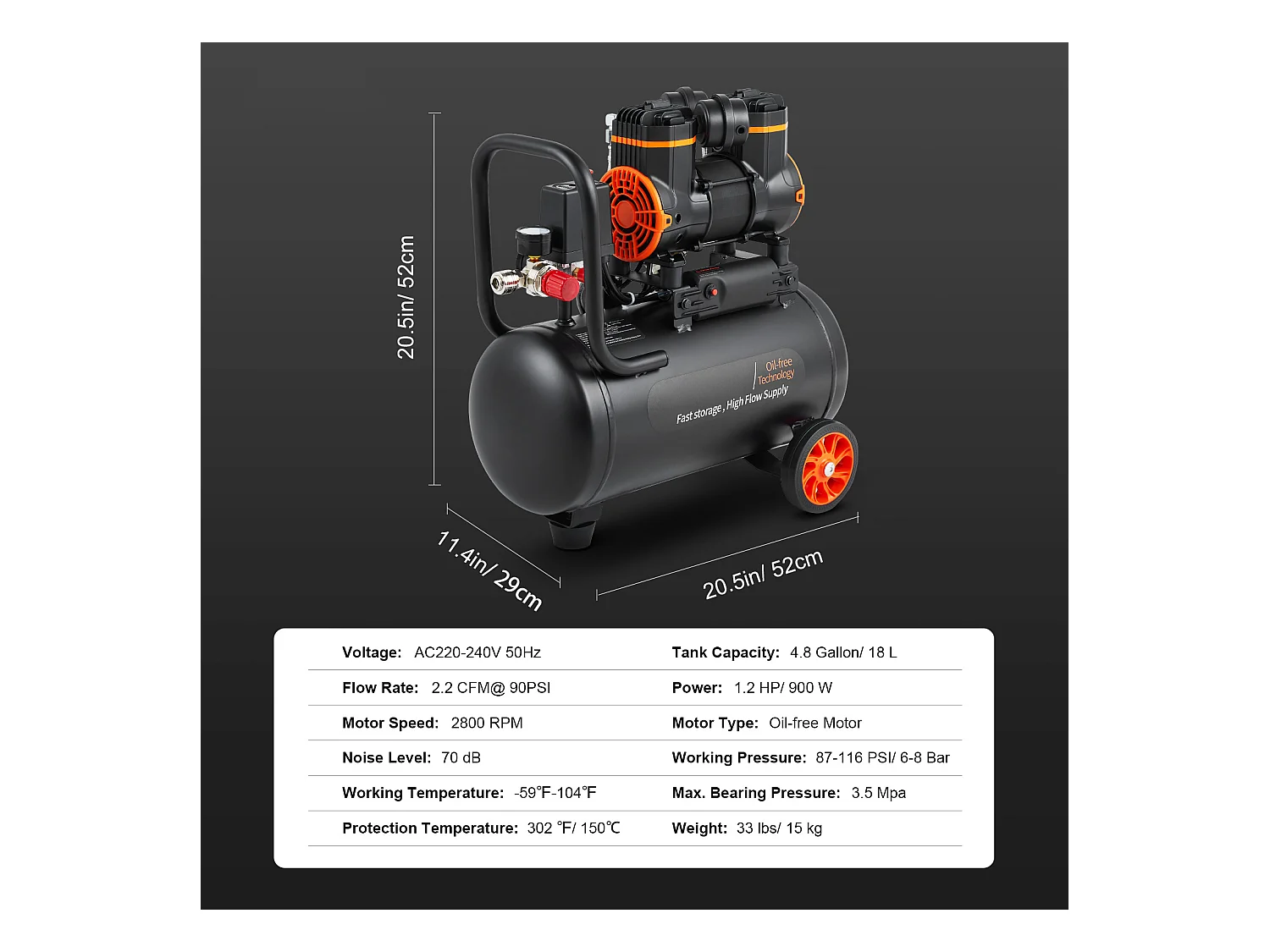 Compresseur D'air SucceBuy 4,8 Gallons 900 W 2,2 CFM à 90 PSI, Ultra Silencieux Sans Huile