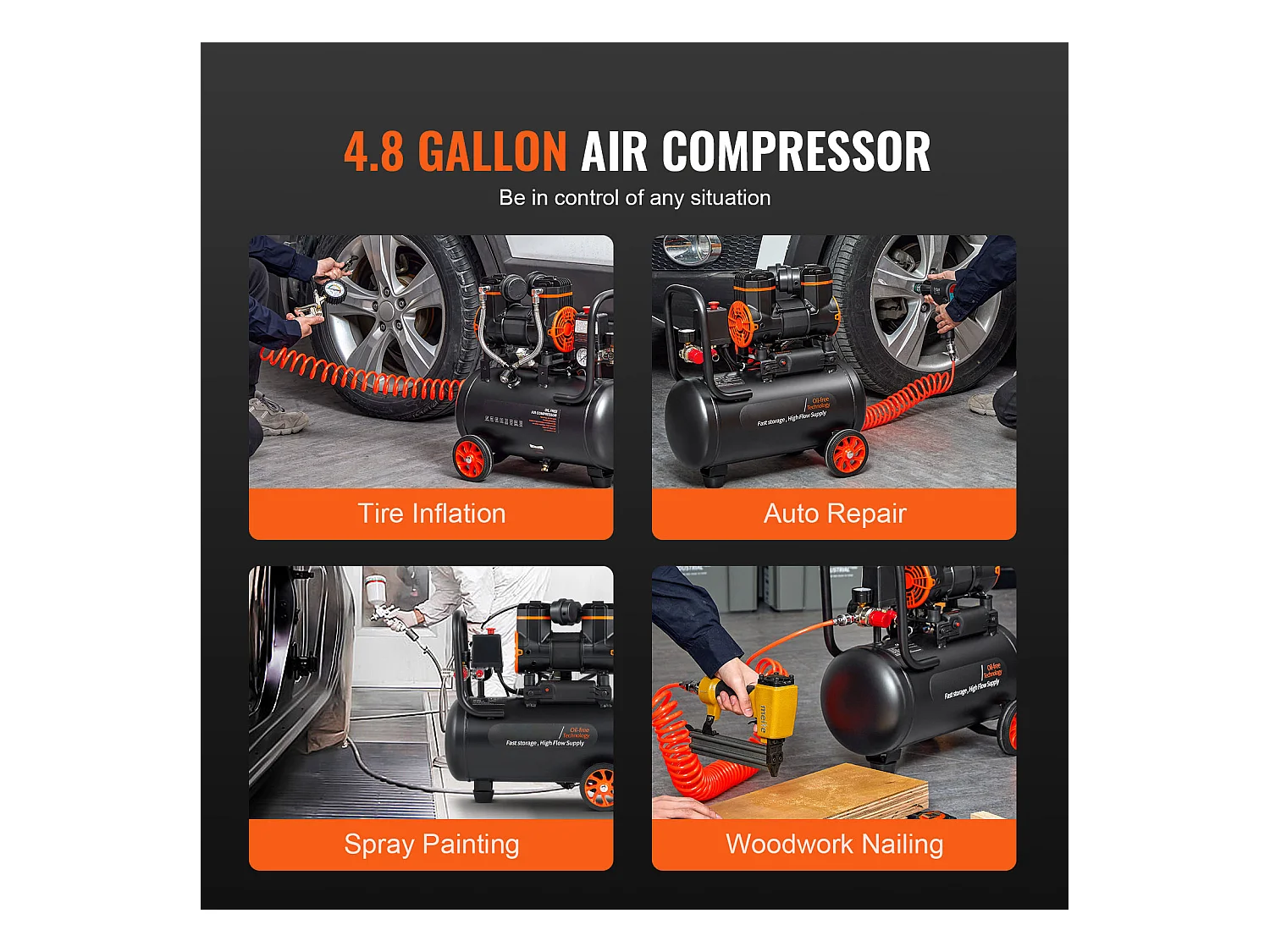 Compresseur D'air SucceBuy 4,8 Gallons 900 W 2,2 CFM à 90 PSI, Ultra Silencieux Sans Huile