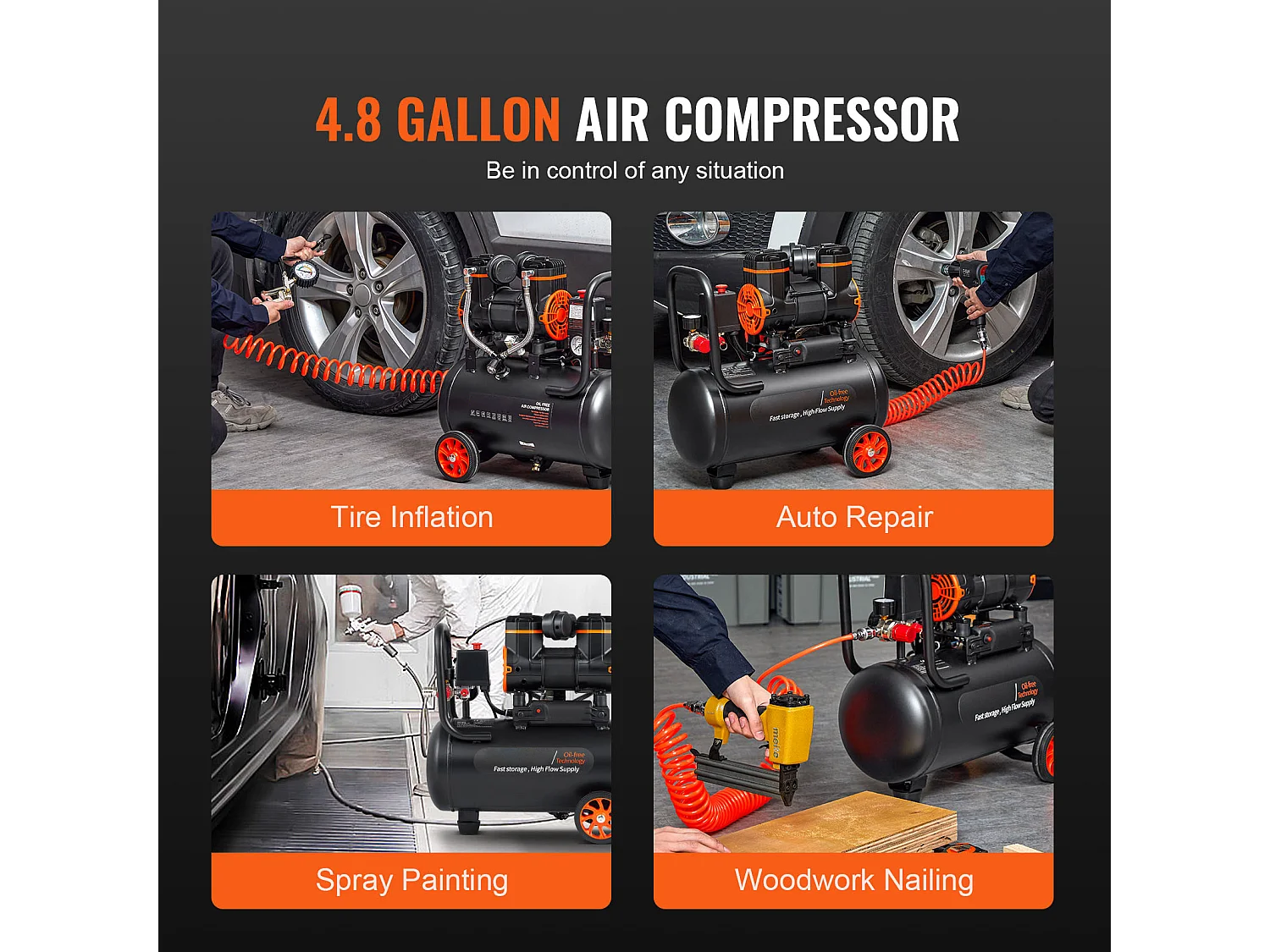 Compresseur D'air SucceBuy 4,8 Gallons 900 W 2,2 CFM à 90 PSI, Ultra Silencieux Sans Huile