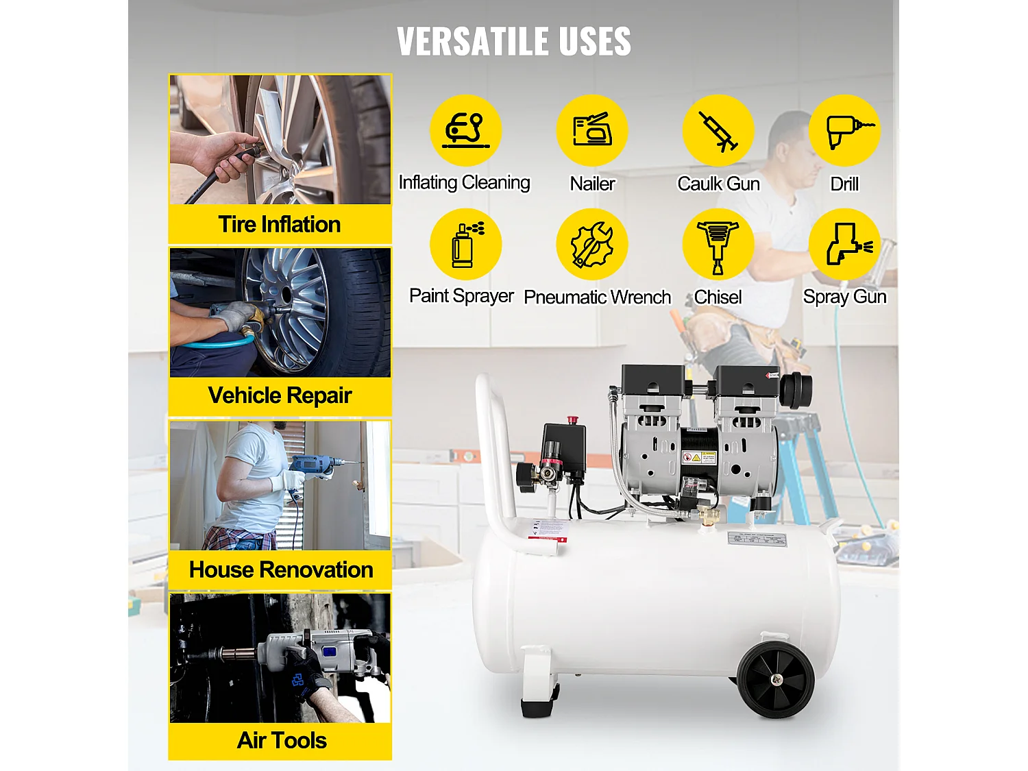 Compresseur D'air SucceBuy Compresseur D'air Ultra Silencieux, Sans Huile, 13,2 Gallons, 1 CV