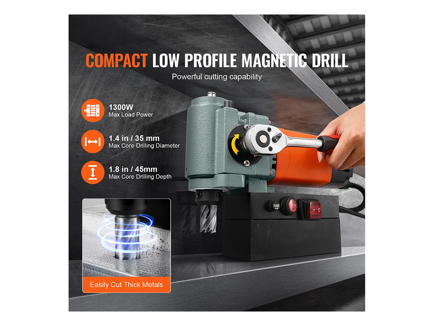Perceuse Magnétique à Colonne SucceBuy 1300 W, Perceuse Magnétique à Profil Bas, Portable