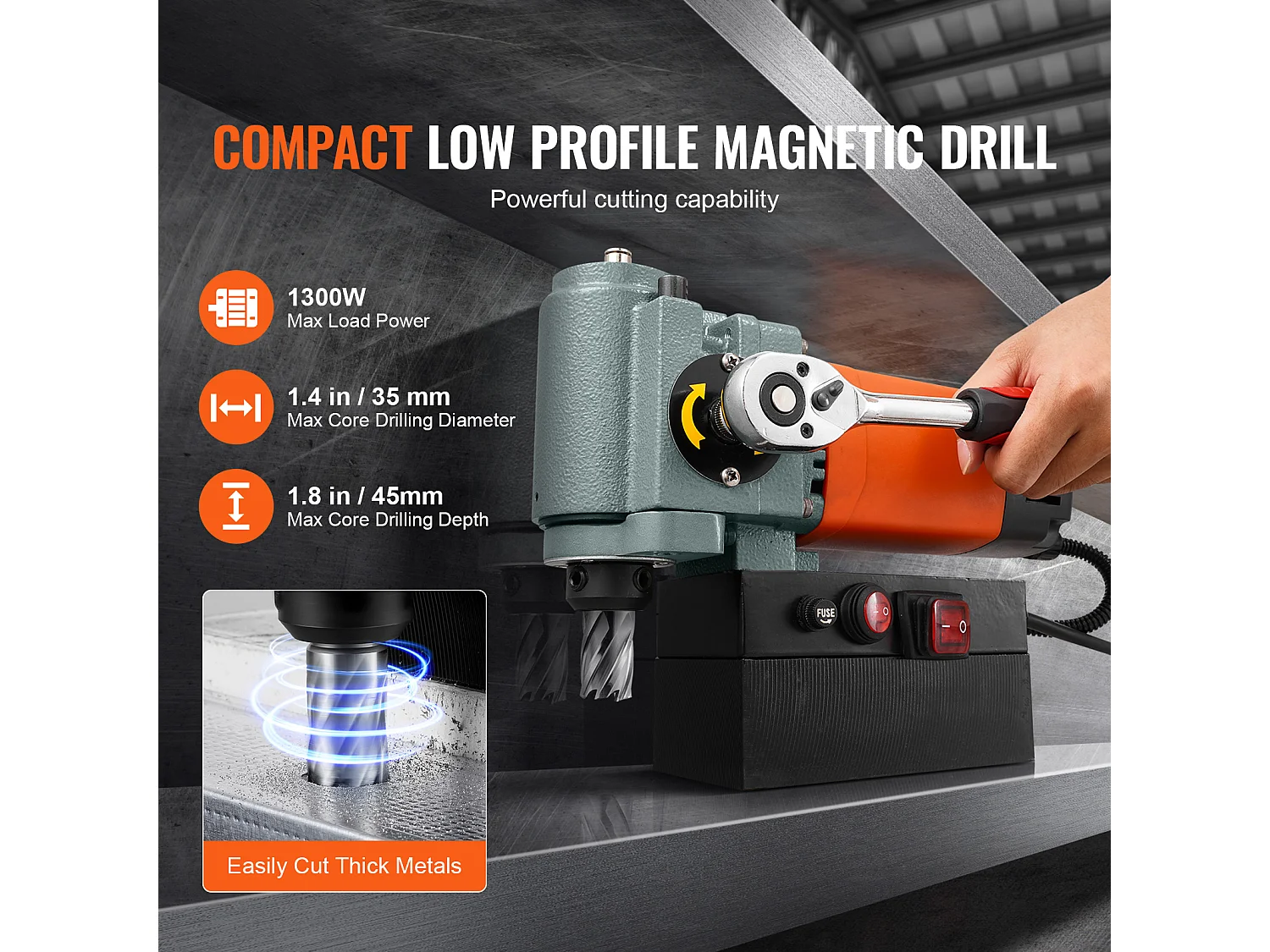 Perceuse Magnétique à Colonne SucceBuy 1300 W, Perceuse Magnétique à Profil Bas, Portable