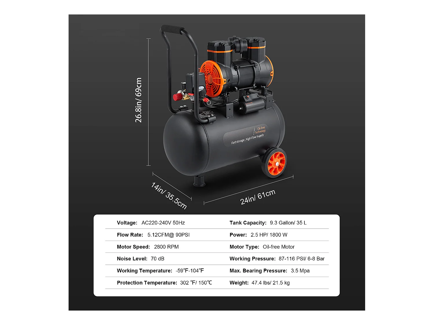 Compresseur D'air SucceBuy 9,3 Gallons 1800 W 5,12 CFM à 90 PSI 70 dB Ultra Silencieux Sans Huile