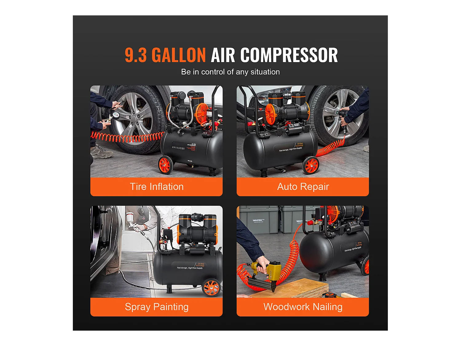Compresseur D'air SucceBuy 9,3 Gallons 1800 W 5,12 CFM à 90 PSI 70 dB Ultra Silencieux Sans Huile