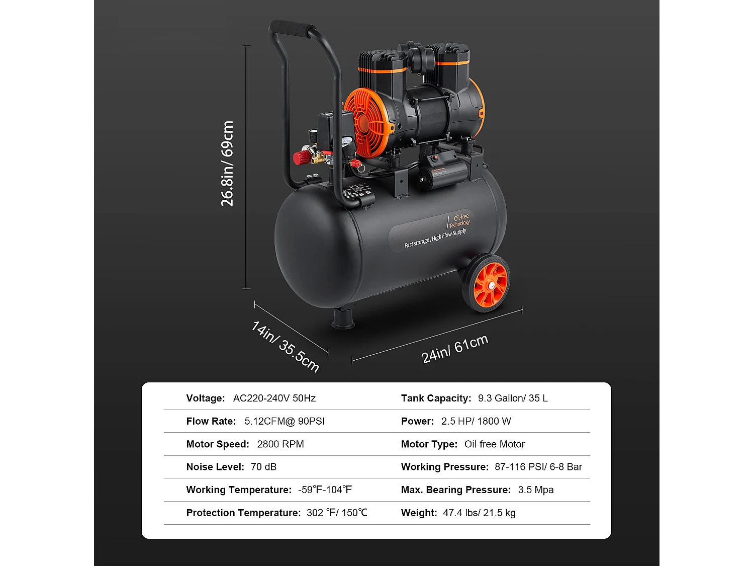 Compresseur D'air SucceBuy 9,3 Gallons 1800 W 5,12 CFM à 90 PSI 70 dB Ultra Silencieux Sans Huile