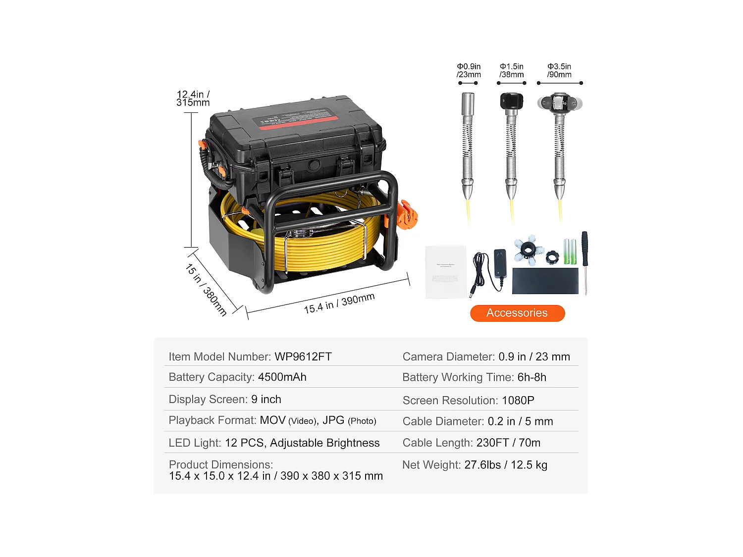 Caméra SucceBuy Caméra D'égout, 230 pi/70 m de Longueur, Caméra de Drainage à Nivellement Automatique avec Émetteur 512 Hz.