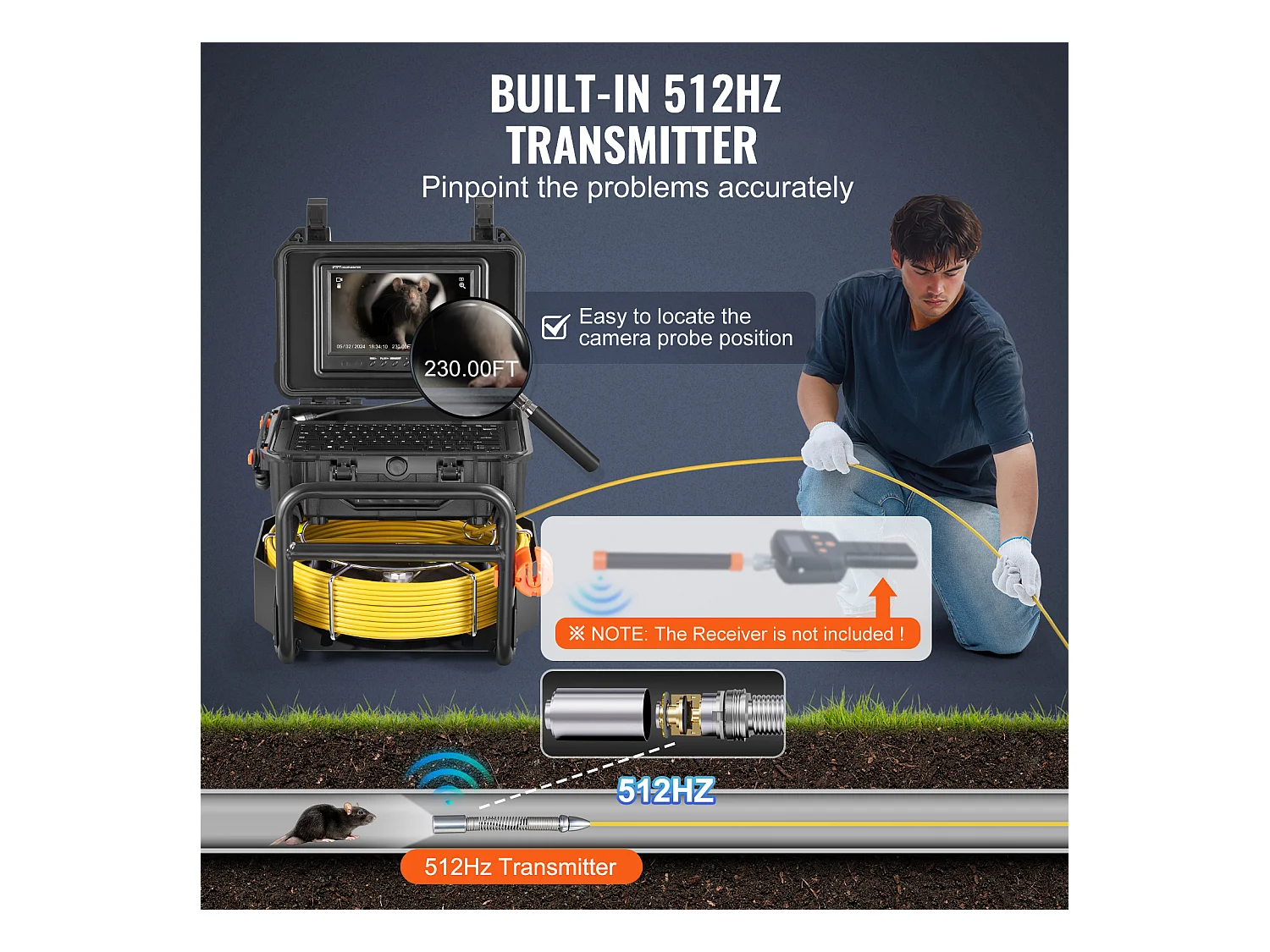 Caméra SucceBuy Caméra D'égout, 230 pi/70 m de Longueur, Caméra de Drainage à Nivellement Automatique avec Émetteur 512 Hz.