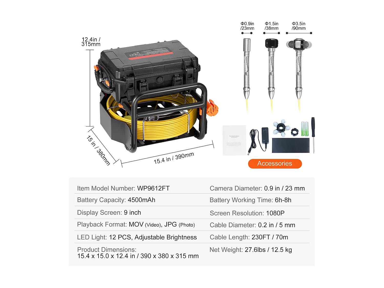 Caméra SucceBuy Caméra D'égout, 230 pi/70 m de Longueur, Caméra de Drainage à Nivellement Automatique avec Émetteur 512 Hz.