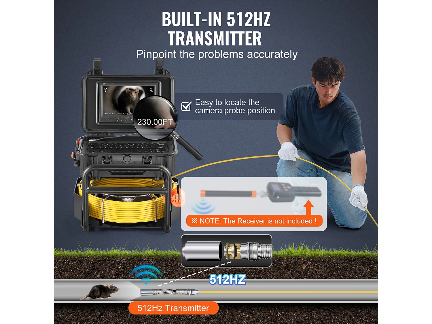 Caméra SucceBuy Caméra D'égout, 230 pi/70 m de Longueur, Caméra de Drainage à Nivellement Automatique avec Émetteur 512 Hz.