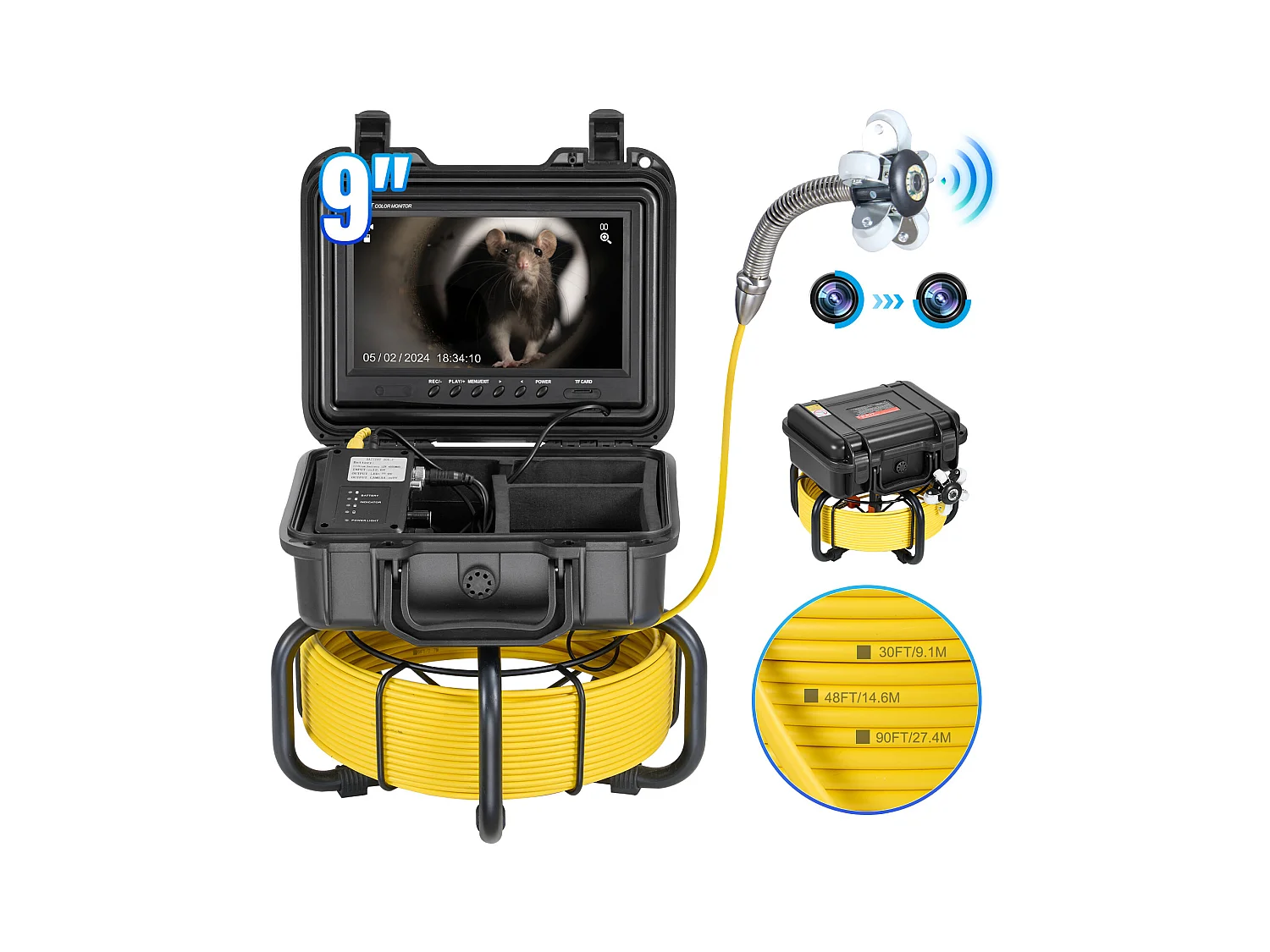 Caméra SucceBuy Caméra D'égout, 165 pi/50 m de long, Caméra de Drainage à Nivellement Automatique avec Écran de 9 po et Zoom 36X.