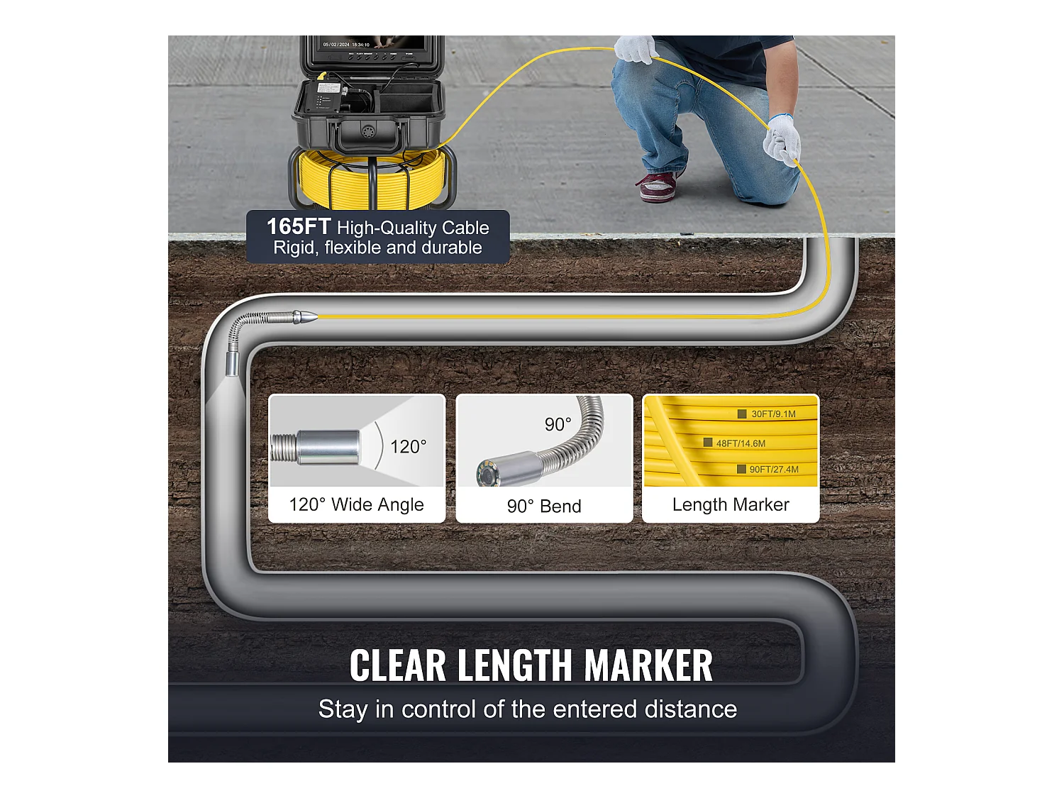 Caméra SucceBuy Caméra D'égout, 165 pi/50 m de long, Caméra de Drainage à Nivellement Automatique avec Écran de 9 po et Zoom 36X.