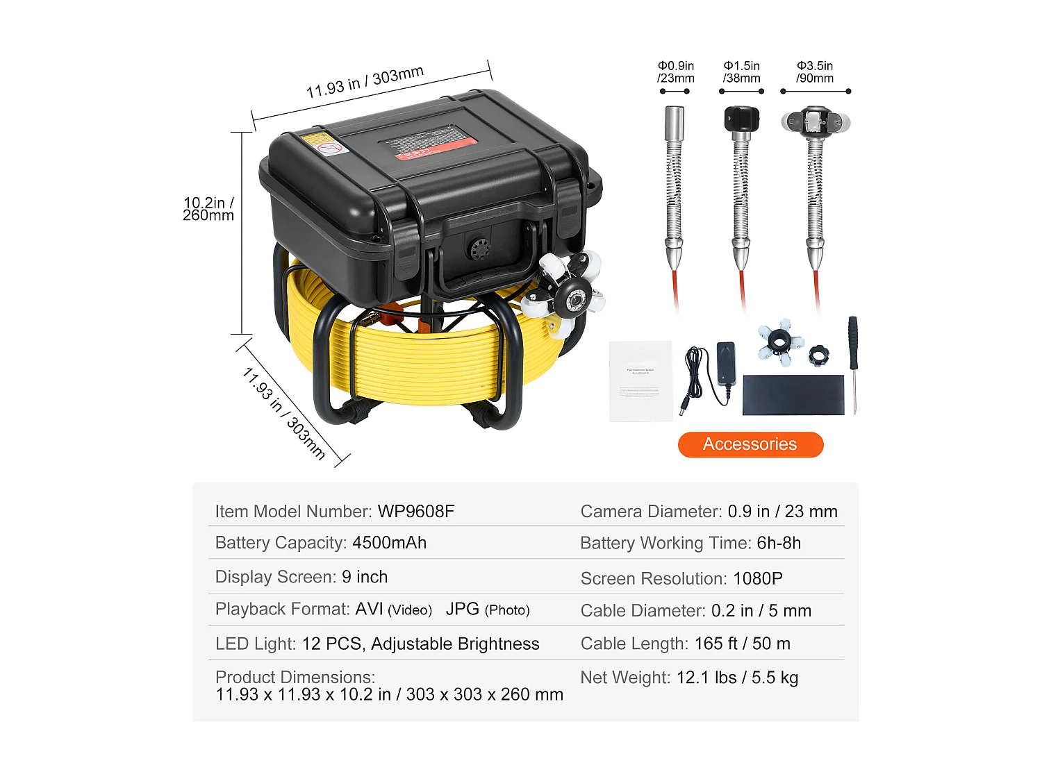 Kamera SucceBuy Kamera Kanalizacyjna, Długość 165 stóp/50 m, Samopoziomująca Kamera do Kanalizacji z Ekranem 9" i 36-krotnym Zoomem.