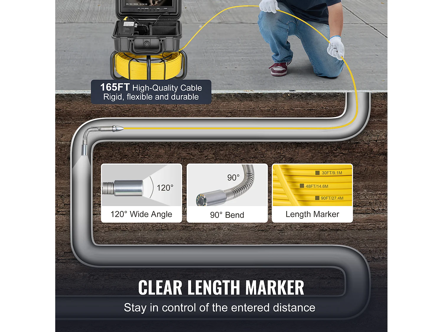 Kamera SucceBuy Kamera Kanalizacyjna, Długość 165 stóp/50 m, Samopoziomująca Kamera do Kanalizacji z Ekranem 9" i 36-krotnym Zoomem.