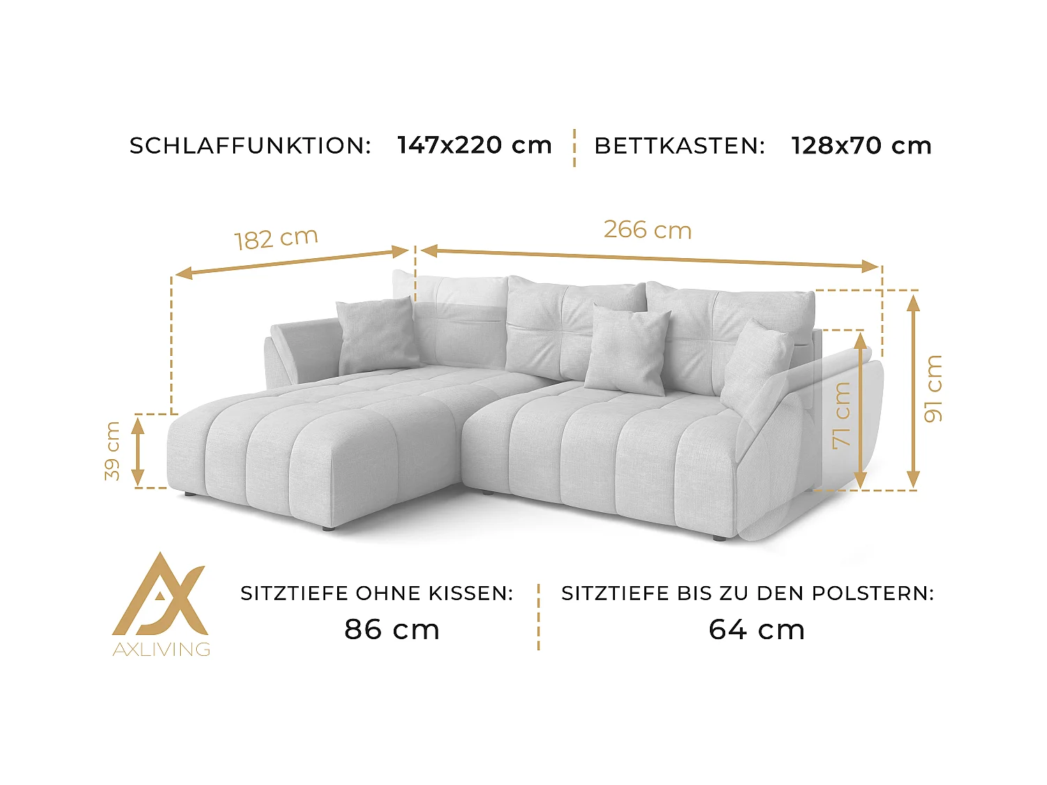 AX LIVING Weiße Eckcouch Verciani Schlaffunktion Bettkasten 266cm