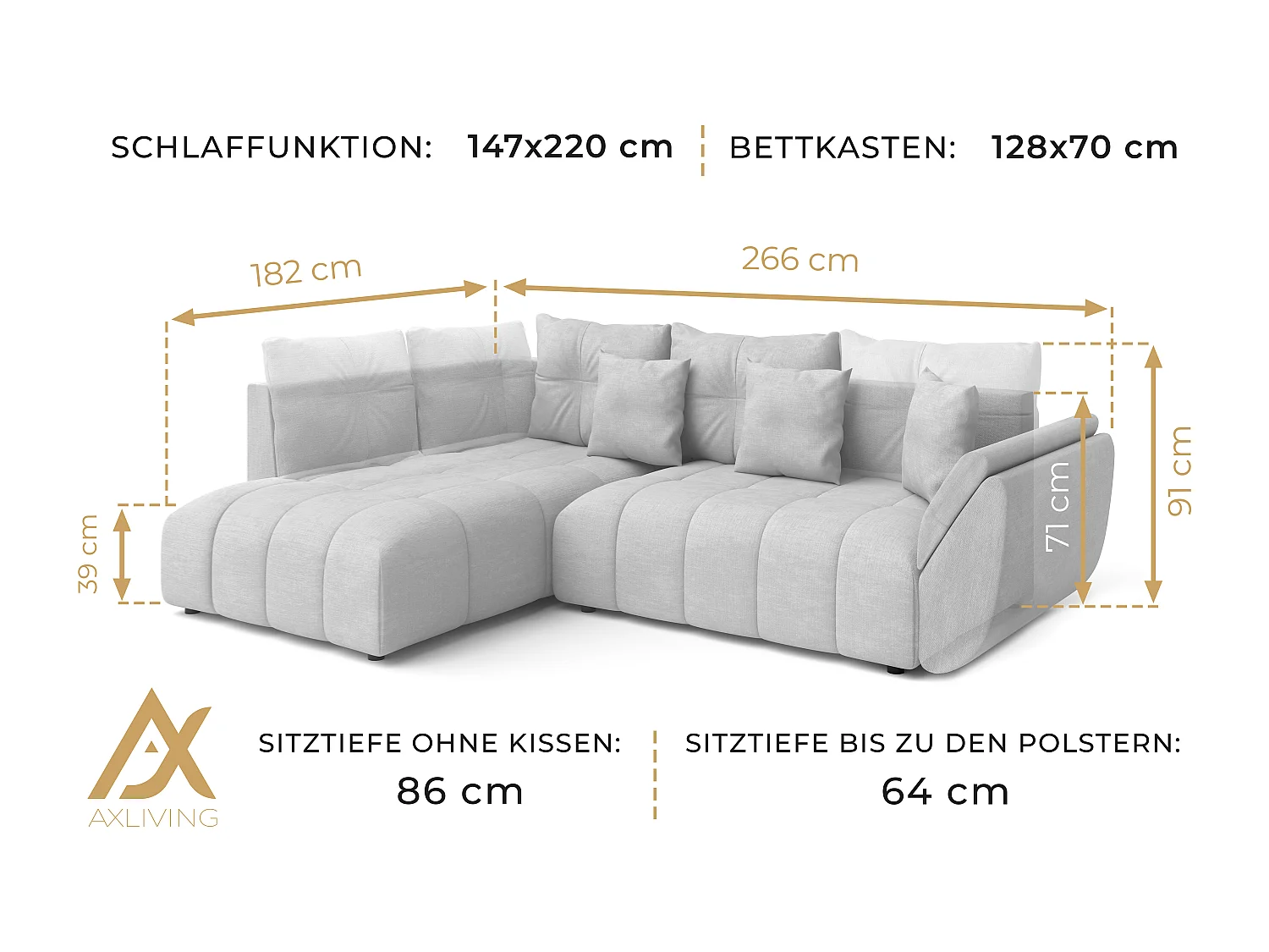 AX LIVING Couch mit Bettfunktion Corleone weiße Eckcouch in L Form