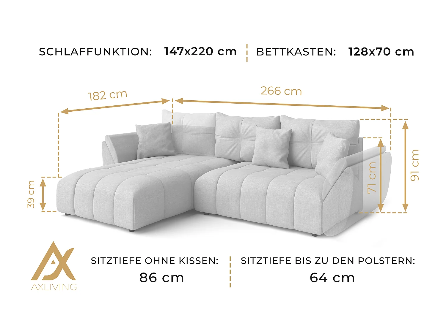 AX LIVING L Form hellbraune Ecksofa Verciani Schlaffunktion Bettkasten