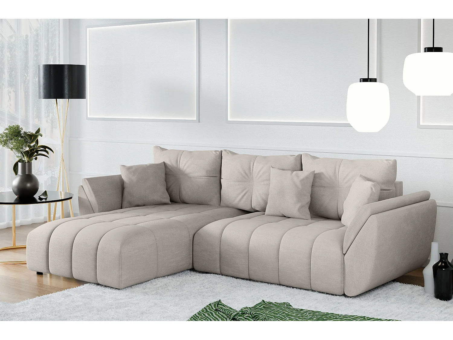 AX LIVING L Form Couch in Beige Verciani Schlaffunktion Bettkasten 280