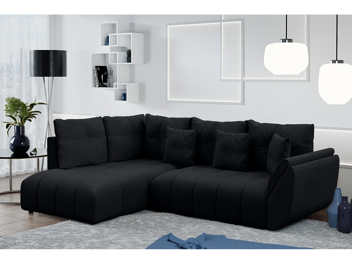 AX LIVING Couch mit Bettfunktion Corleone schwarze Ecksofa in L Form
