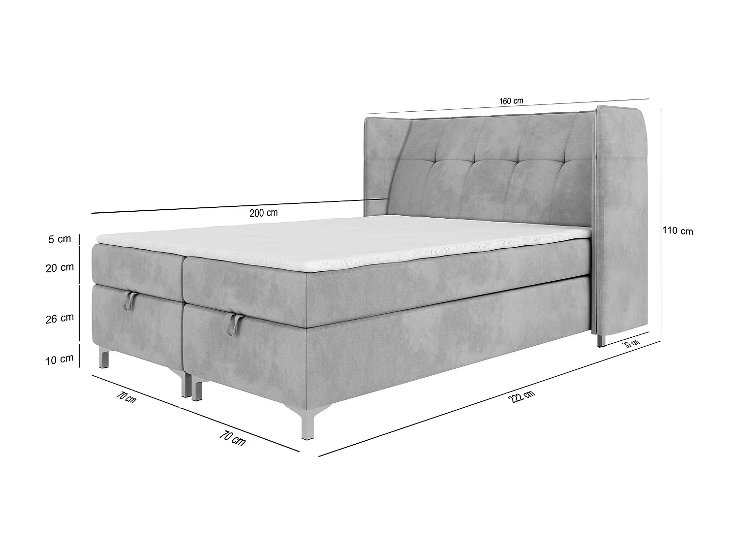 AX LIVING Boxspringbett 140x200 mit Bettkasten Salvio in Grau