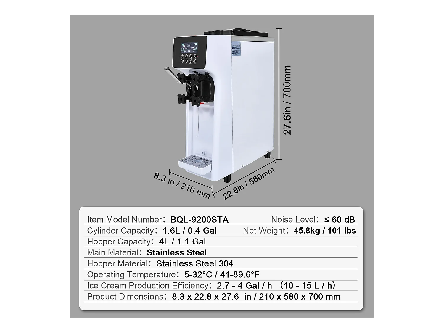 Sorbetière SucceBuy Machine à Crème Glacée Molle 10 L/H pour Comptoir