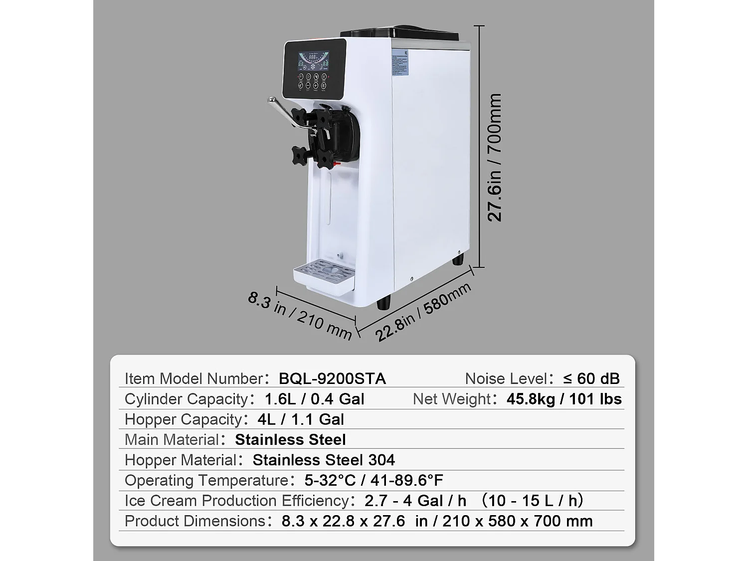 Sorbetière SucceBuy Machine à Crème Glacée Molle 10 L/H pour Comptoir